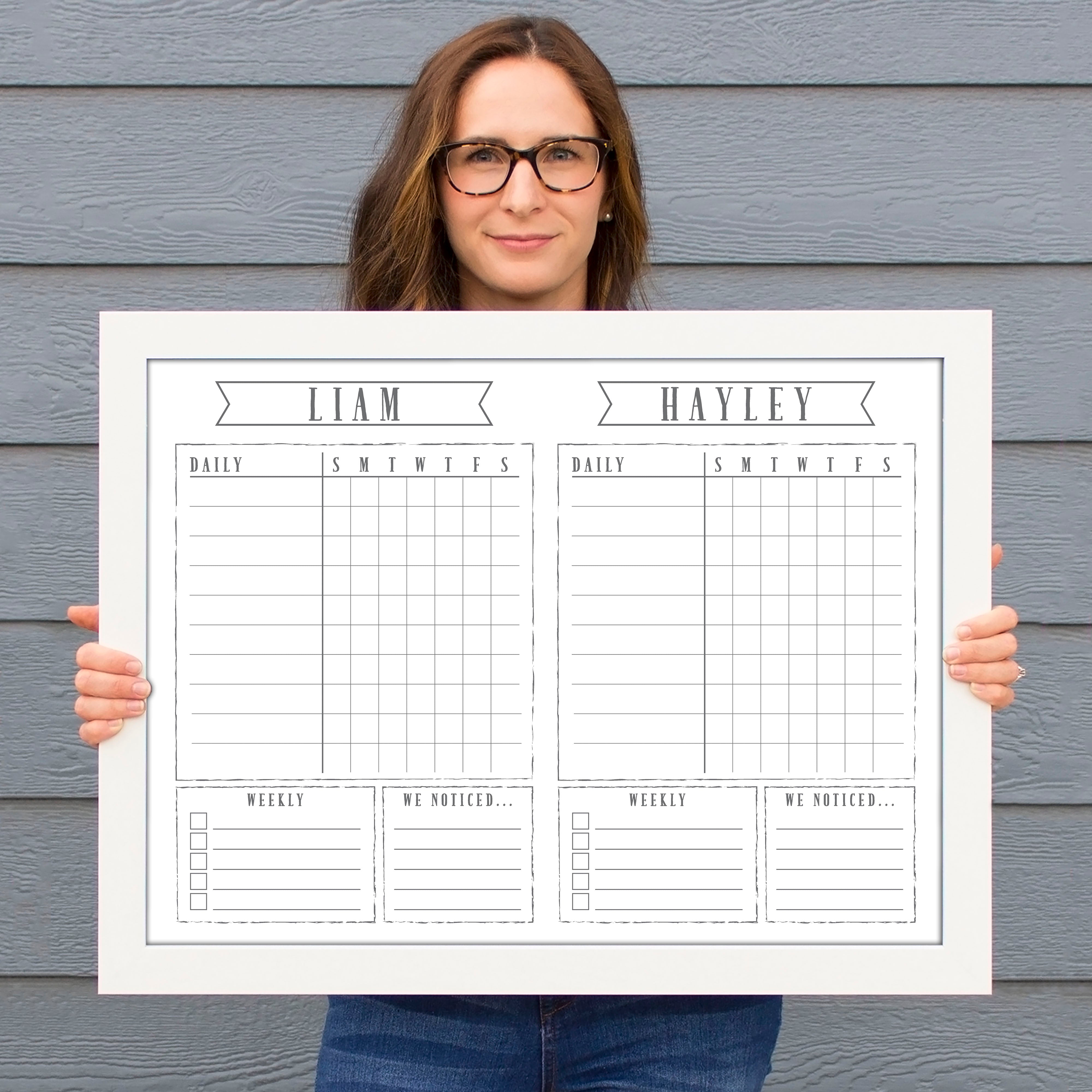 2 Person Framed Whiteboard Chore Chart  | Horizontal Swanson