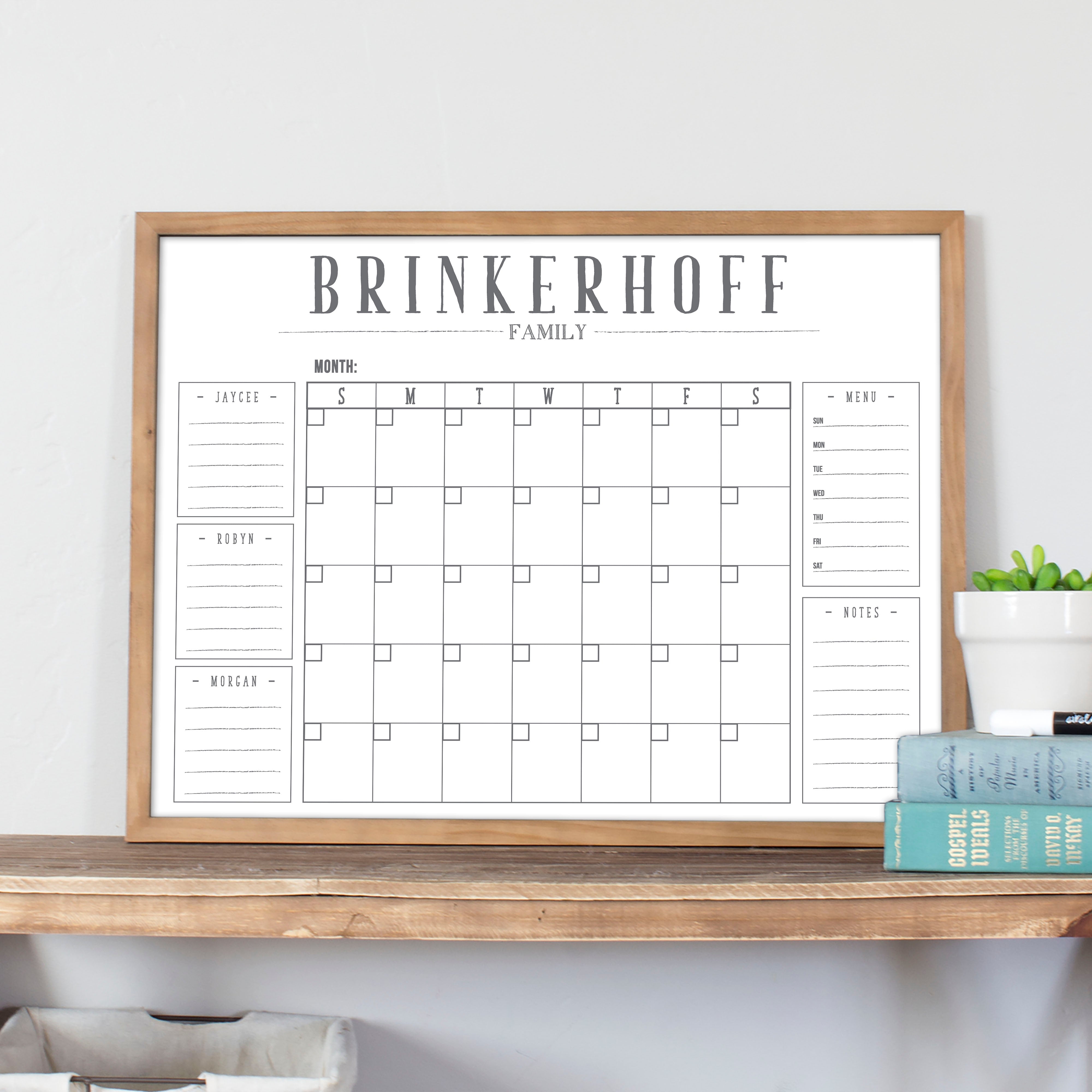 Monthly Framed Whiteboard Calendar + 5 sections | Horizontal Swanson