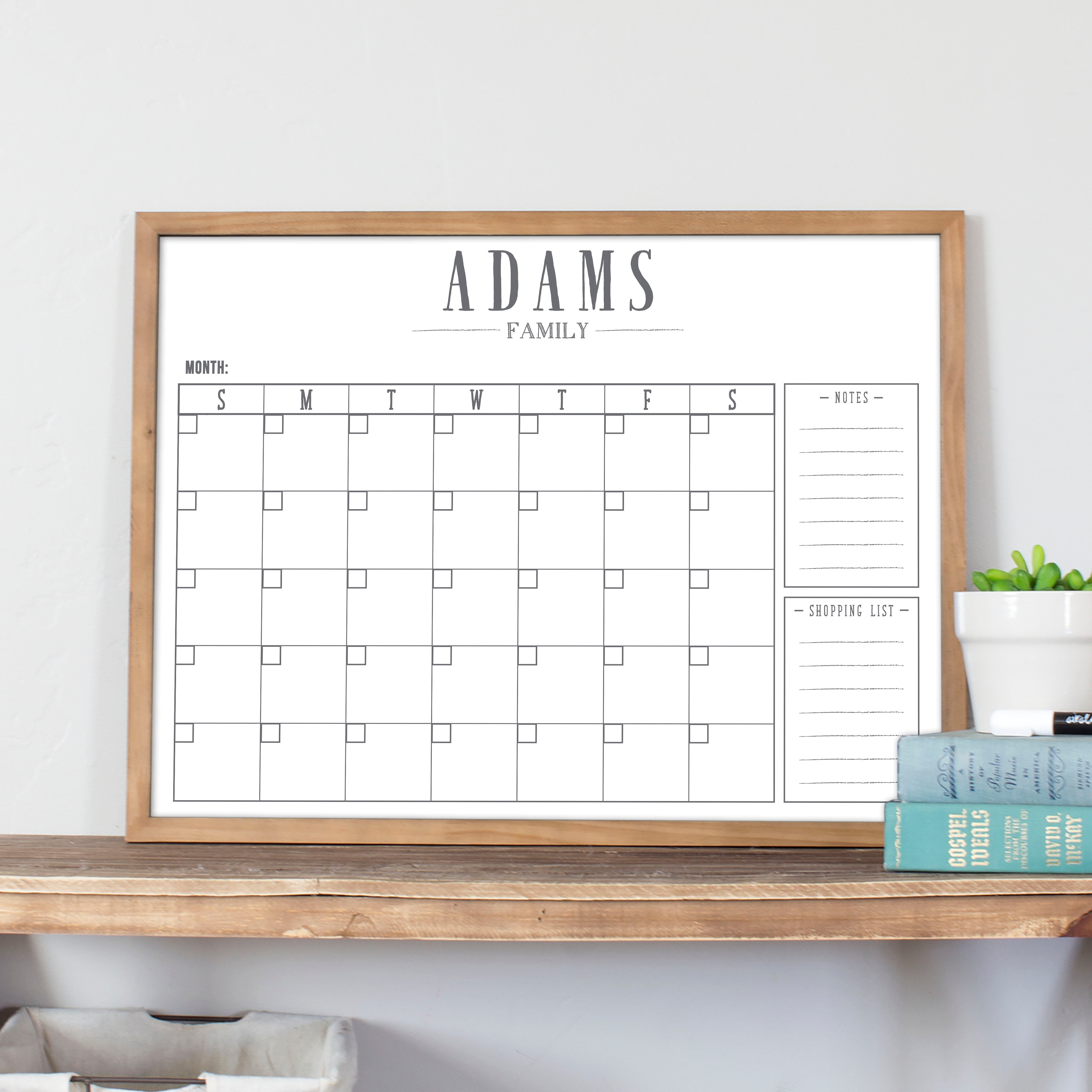 Monthly Framed Whiteboard Calendar + 2 sections | Horizontal Swanson