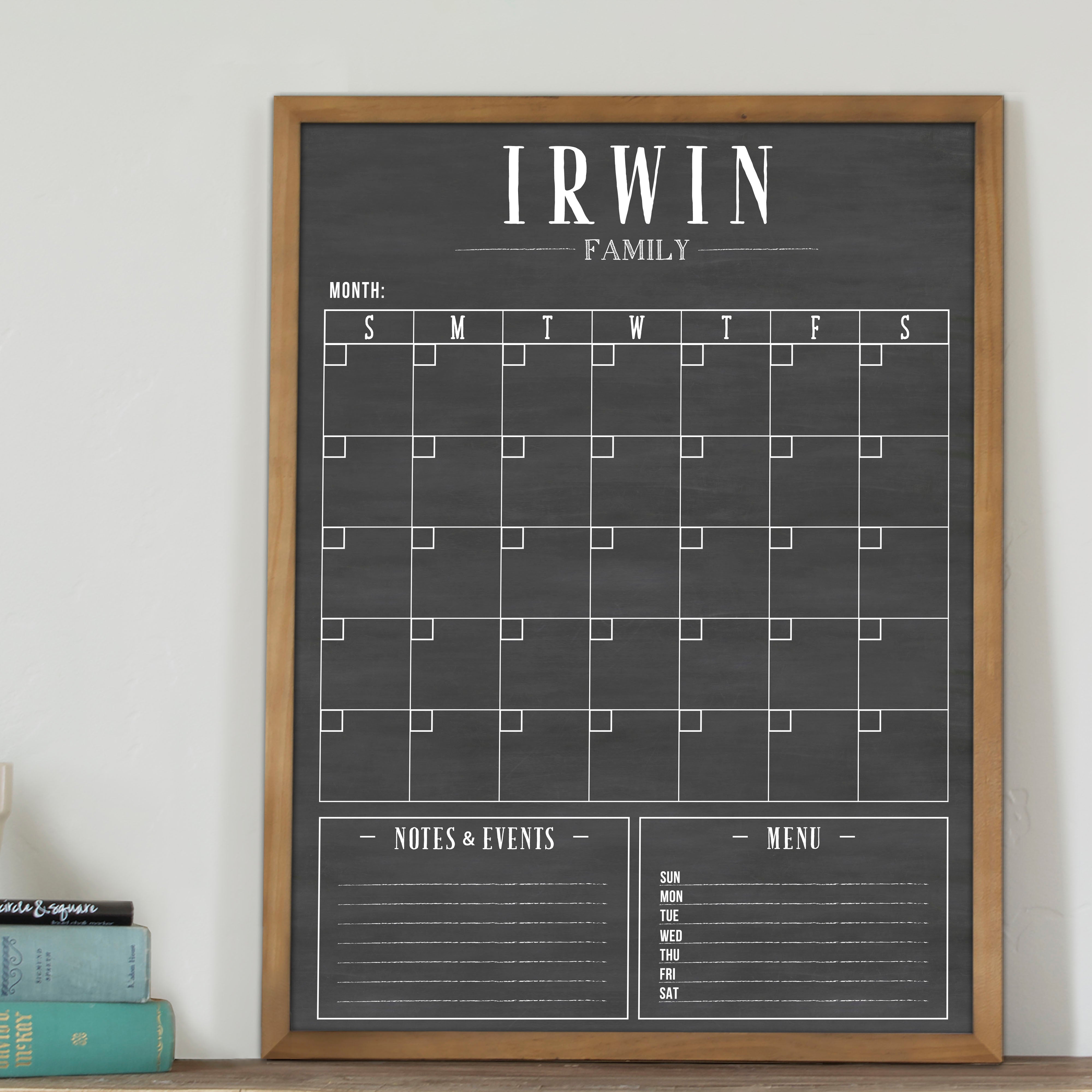 Monthly Framed Chalkboard Calendar + 2 sections | Vertical Swanson