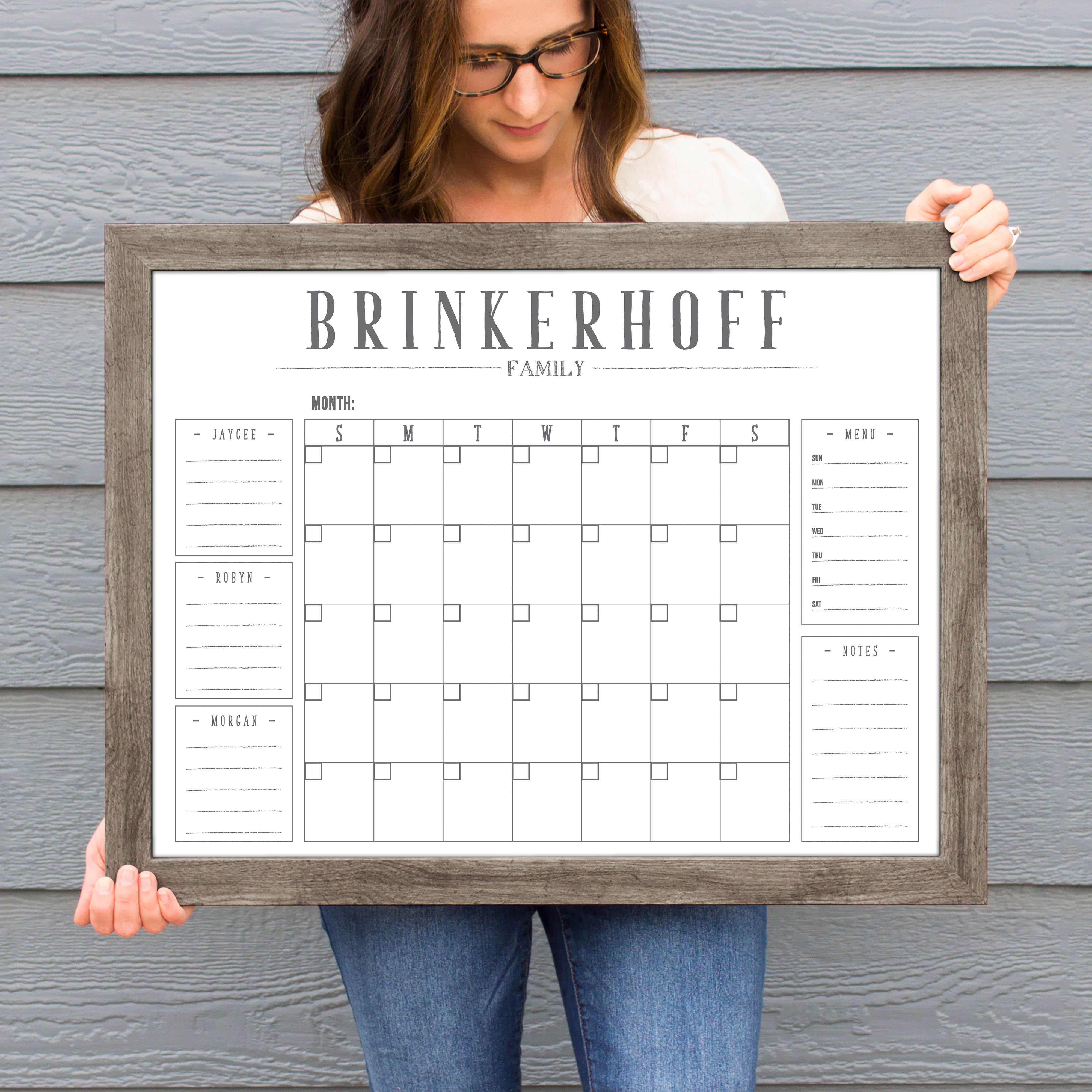 Monthly Framed Whiteboard Calendar + 5 sections | Horizontal Swanson