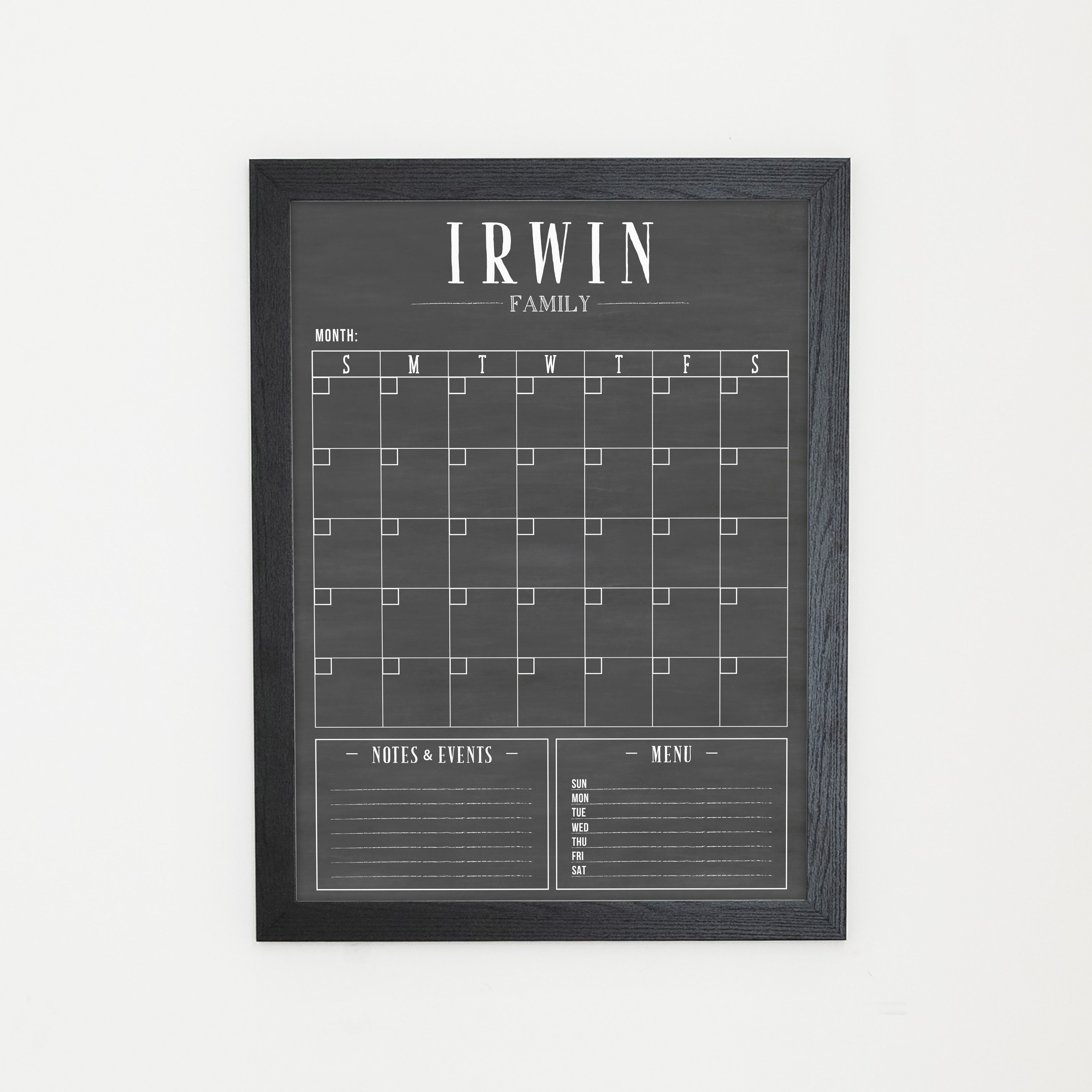 Monthly Framed Chalkboard Calendar + 2 sections | Vertical Swanson