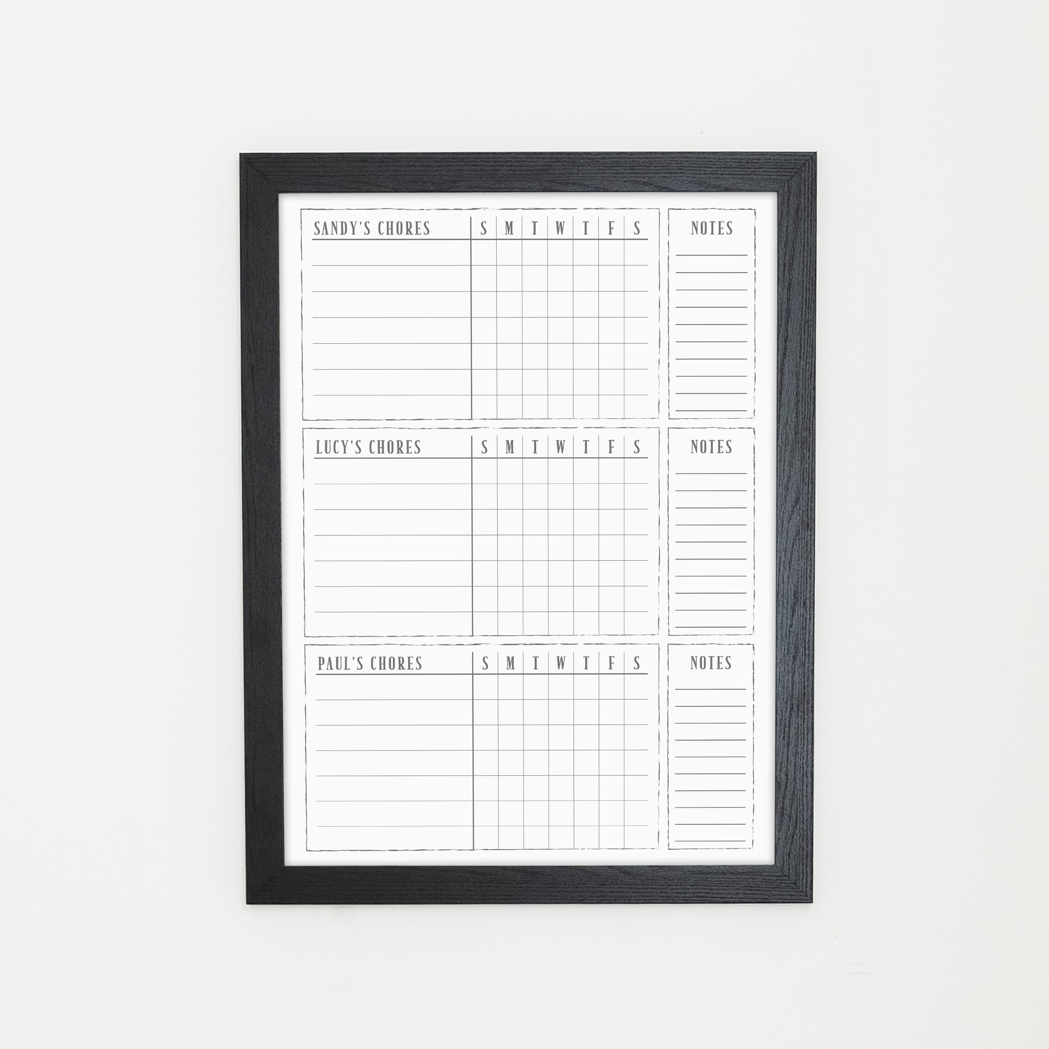 3 Person Framed Whiteboard Chore Chart  | Vertical Swanson