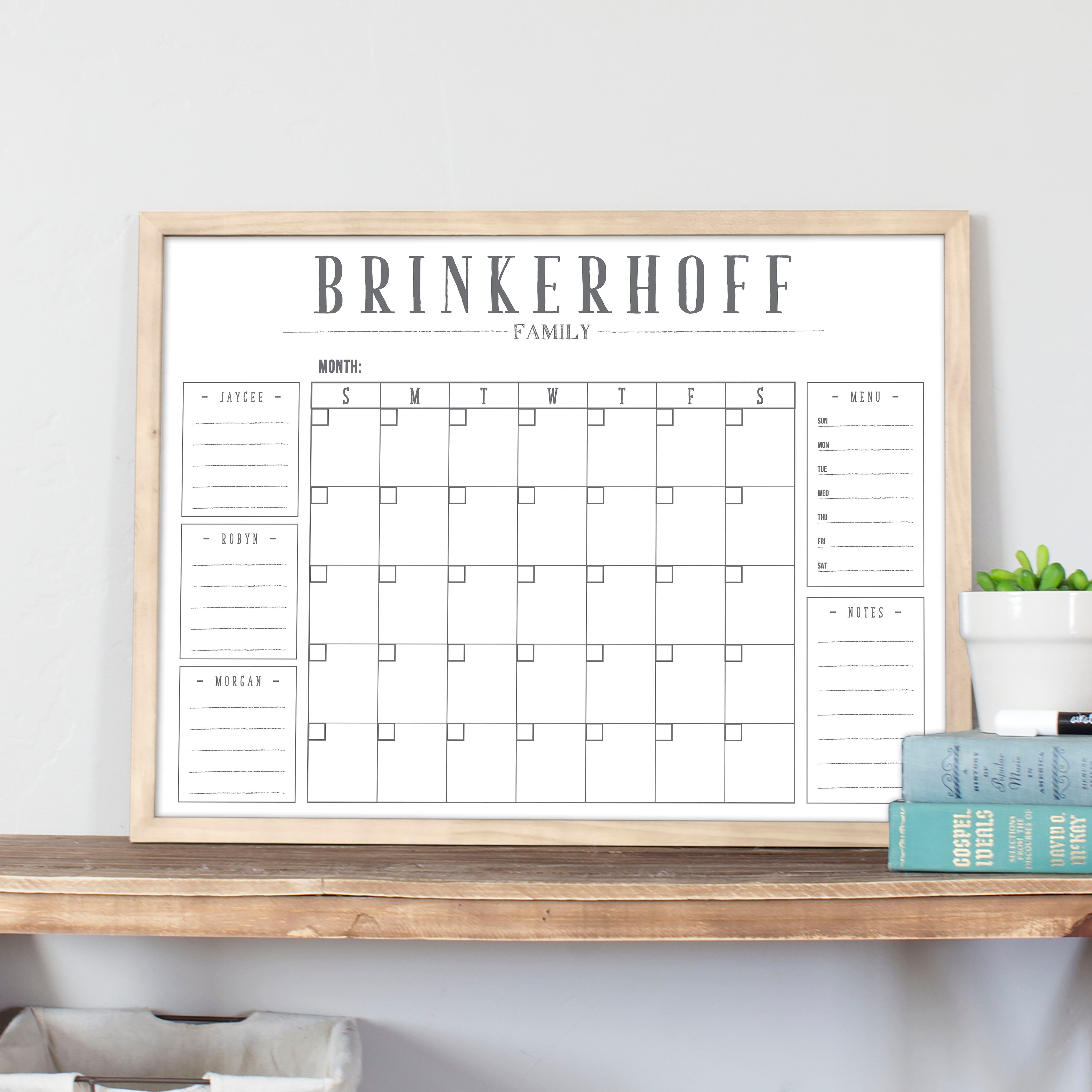 Monthly Framed Whiteboard Calendar + 5 sections | Horizontal Swanson