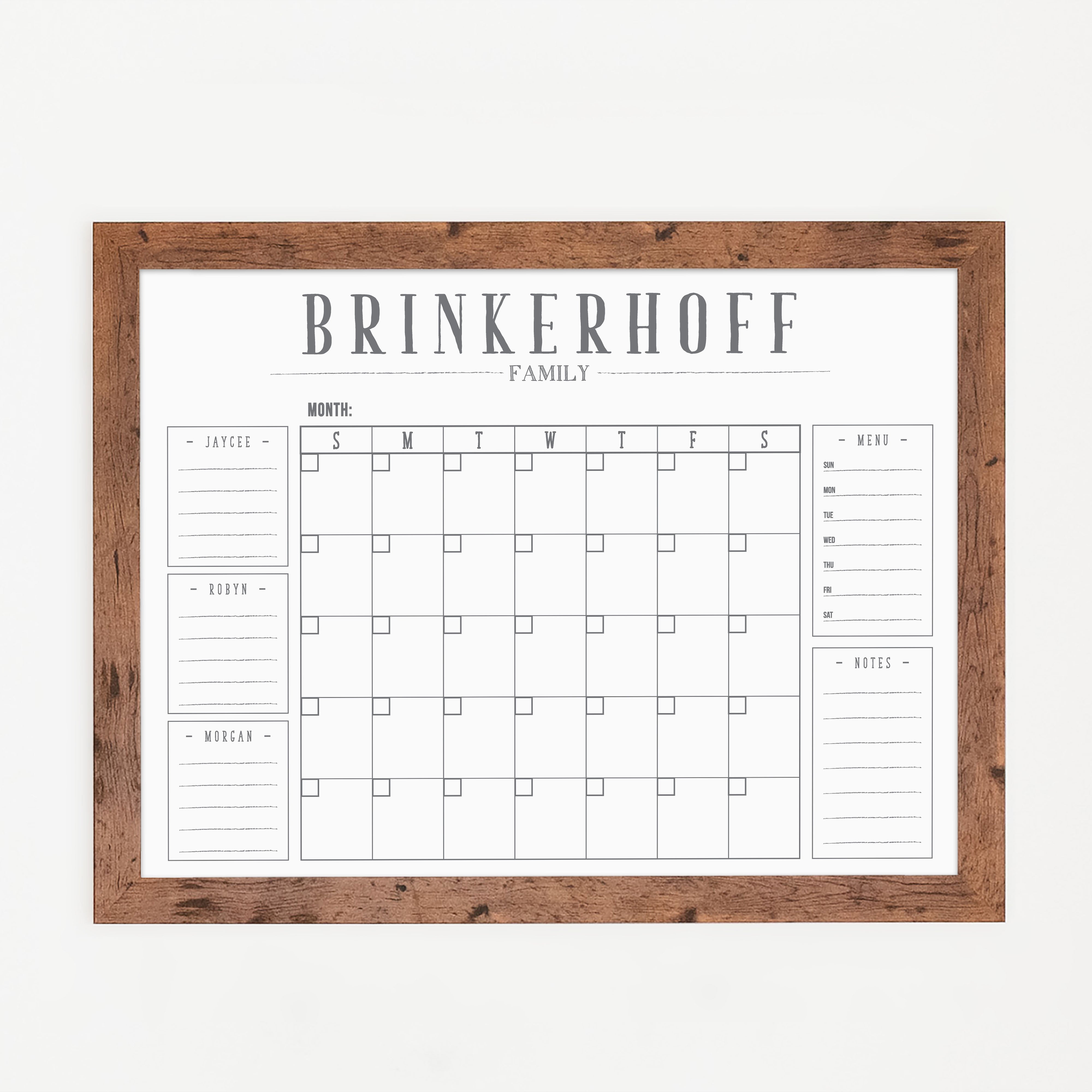 Monthly Framed Whiteboard Calendar + 5 sections | Horizontal Swanson