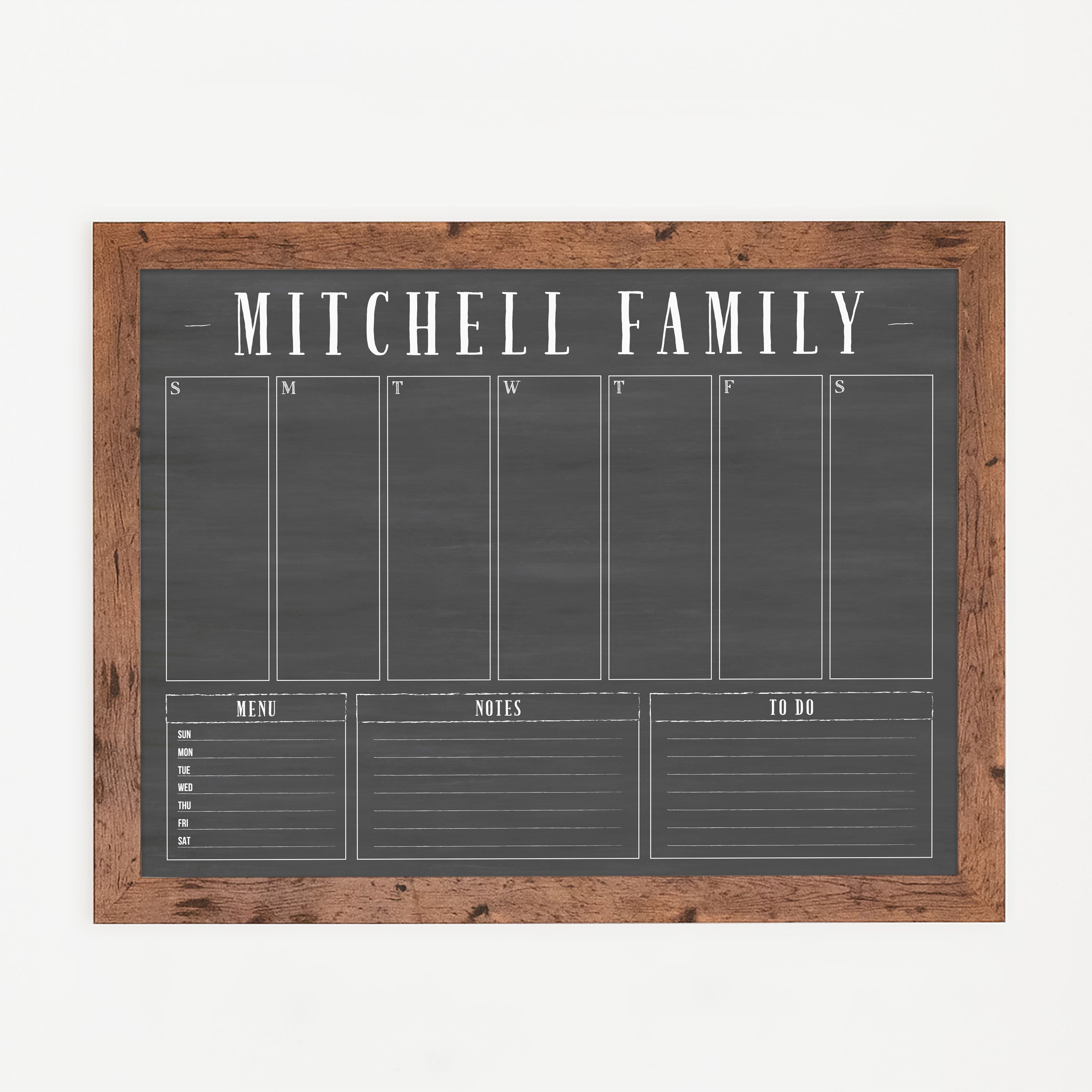 Weekly Framed Chalkboard Calendar + 3 sections | Horizontal Swanson