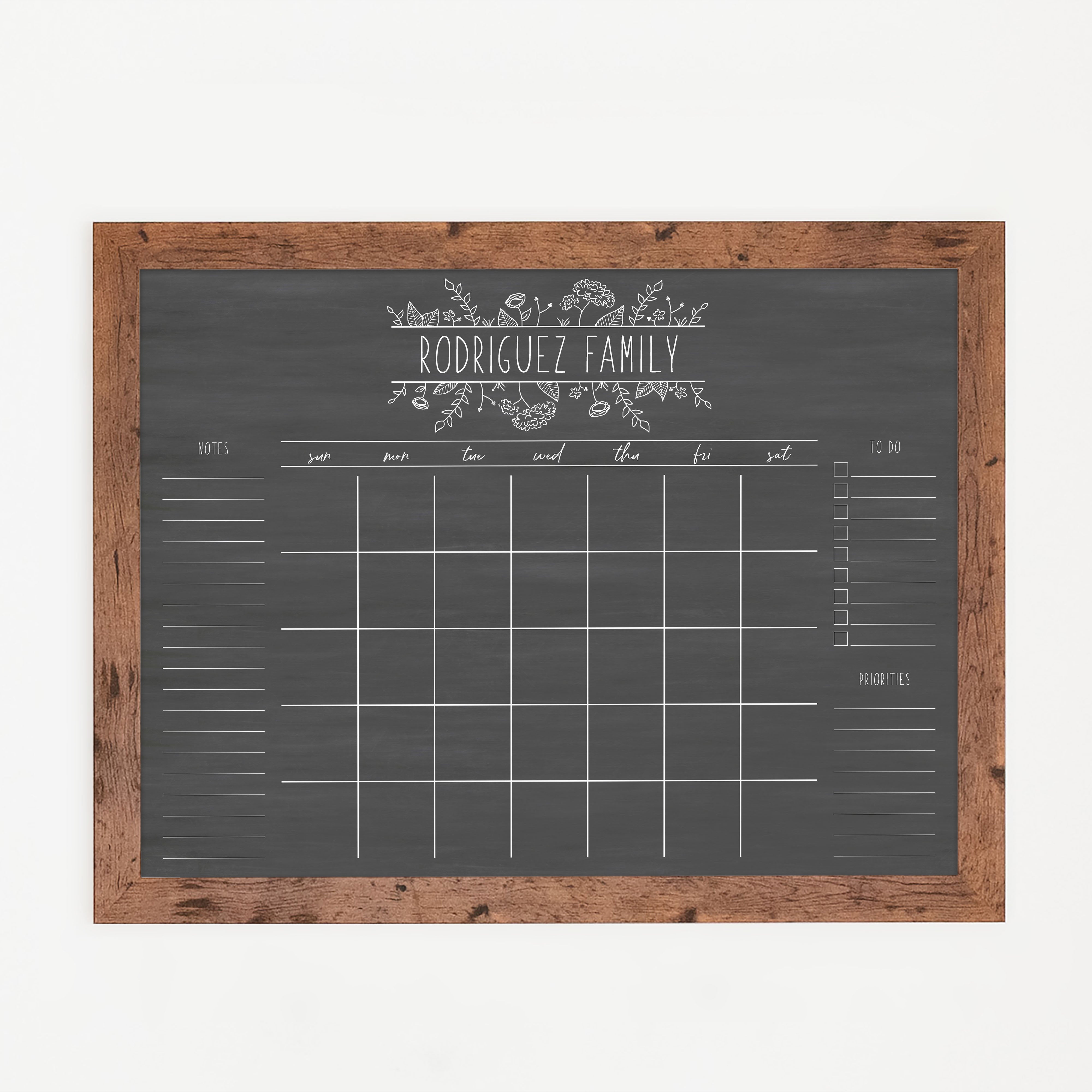 Monthly Framed Chalkboard Calendar + 3 sections | Horizontal Lucy