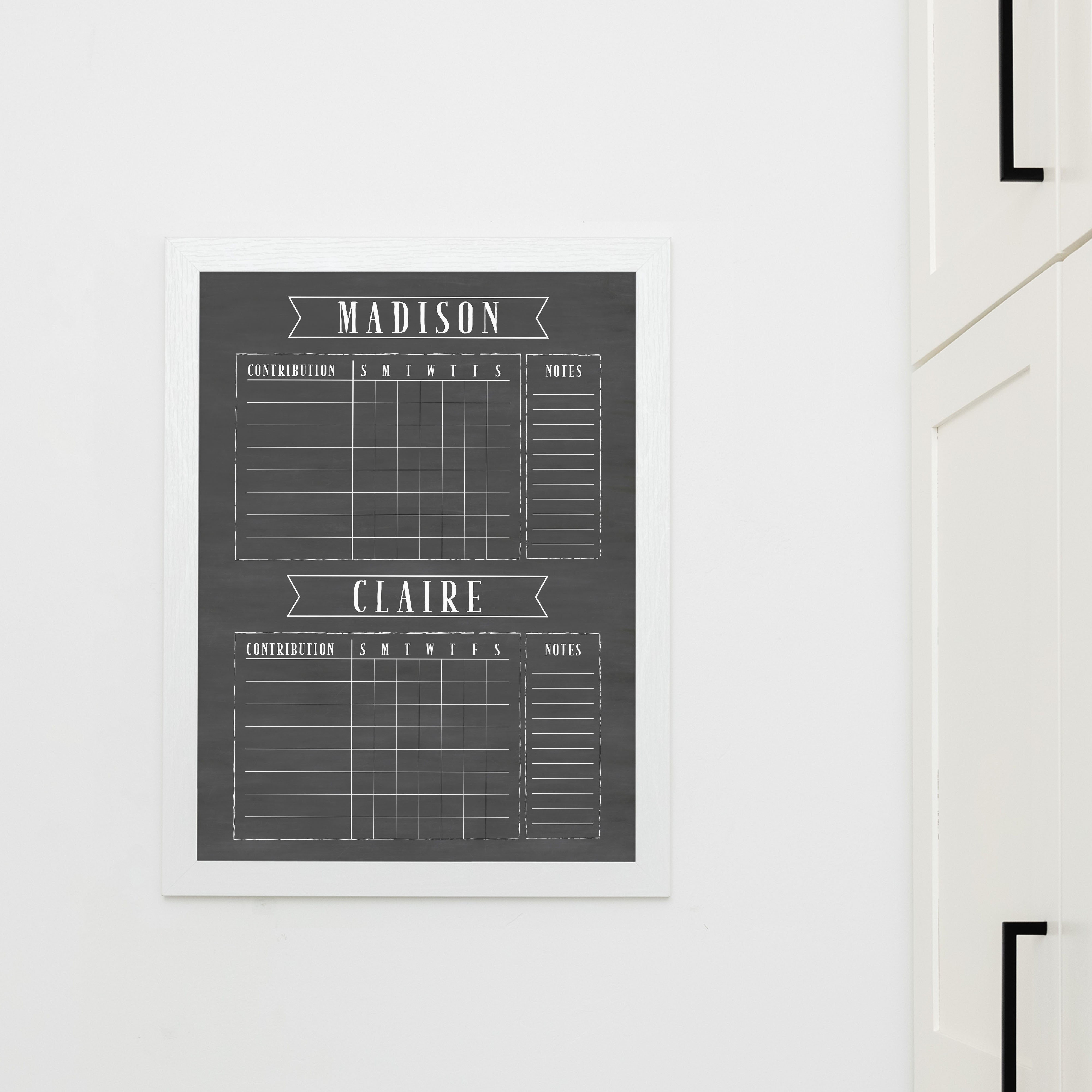 2 Person Framed Chalkboard Chore Chart  | Vertical Swanson