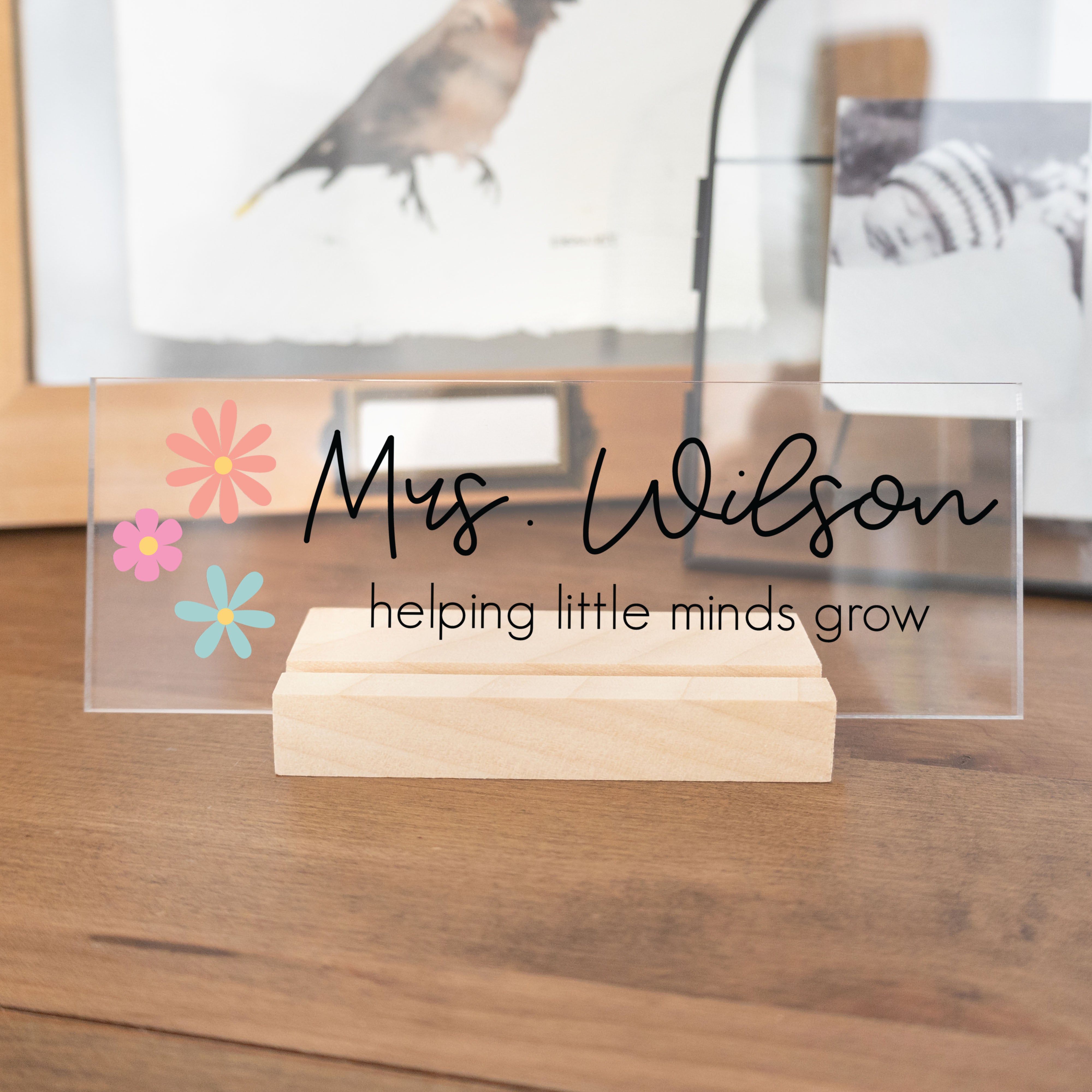 Clear Acrylic Teacher Name Plate | Horizontal Cursive