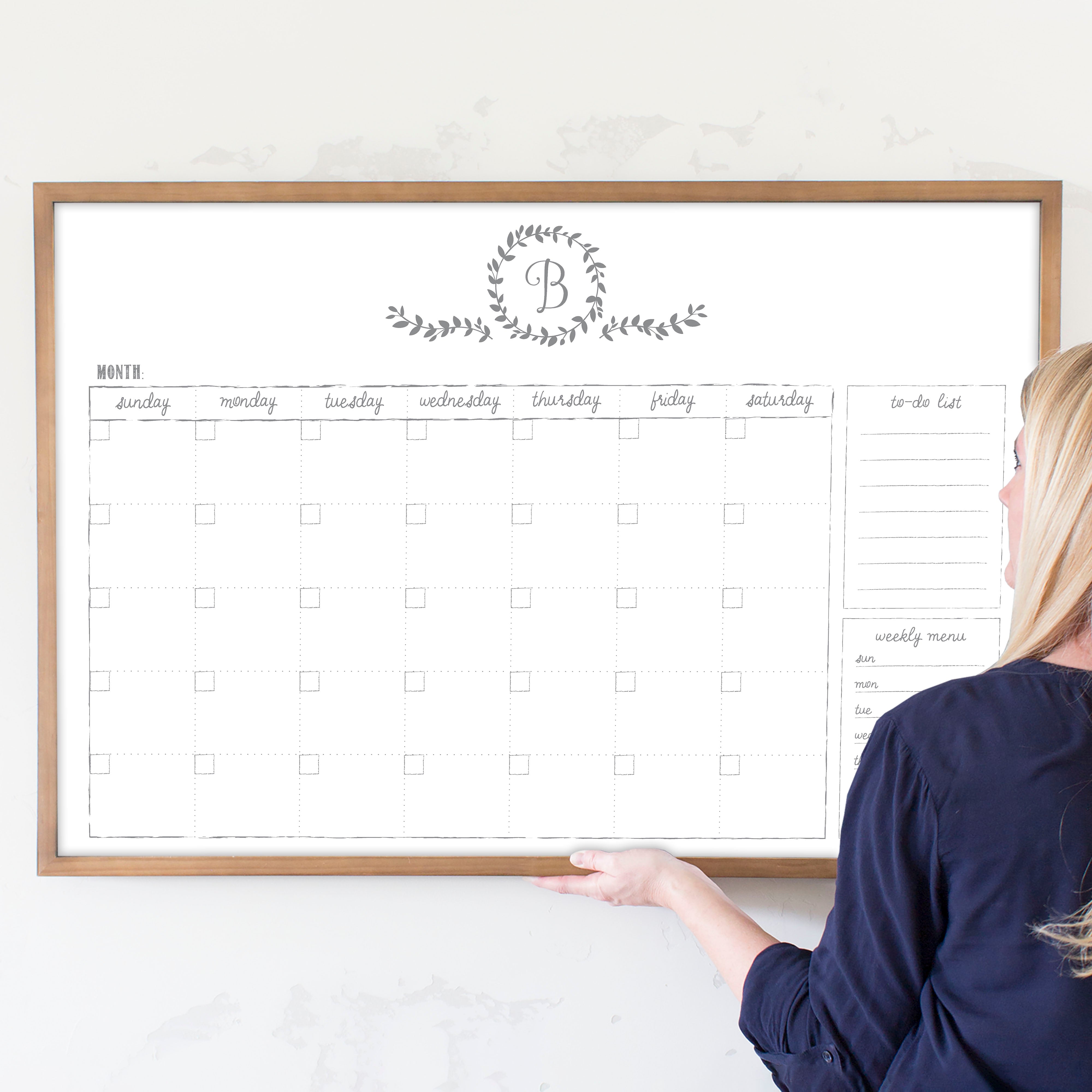 Monthly Framed Whiteboard Calendar + 2 sections | Horizontal Donna