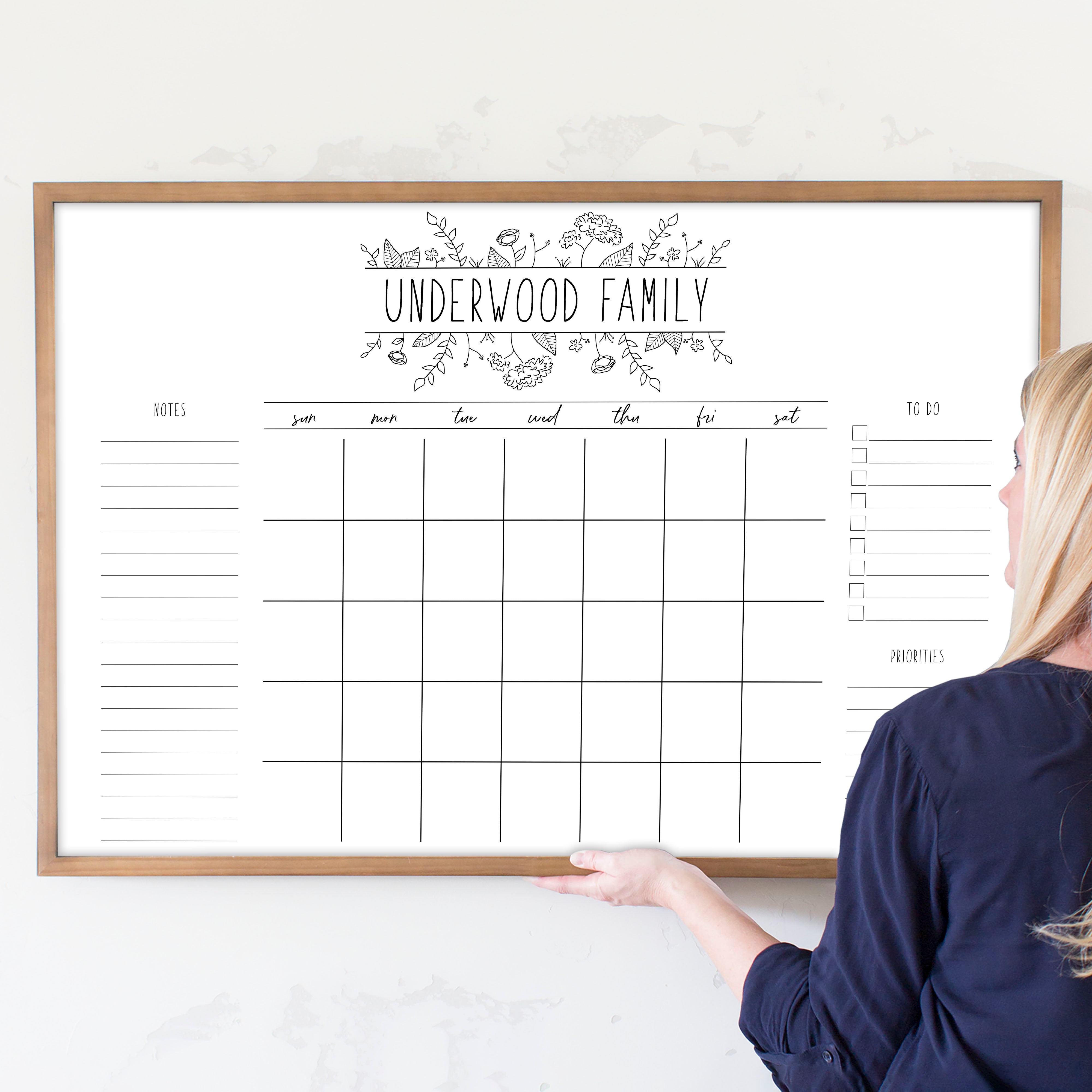 Monthly Framed Whiteboard Calendar + 3 sections | Horizontal Lucy