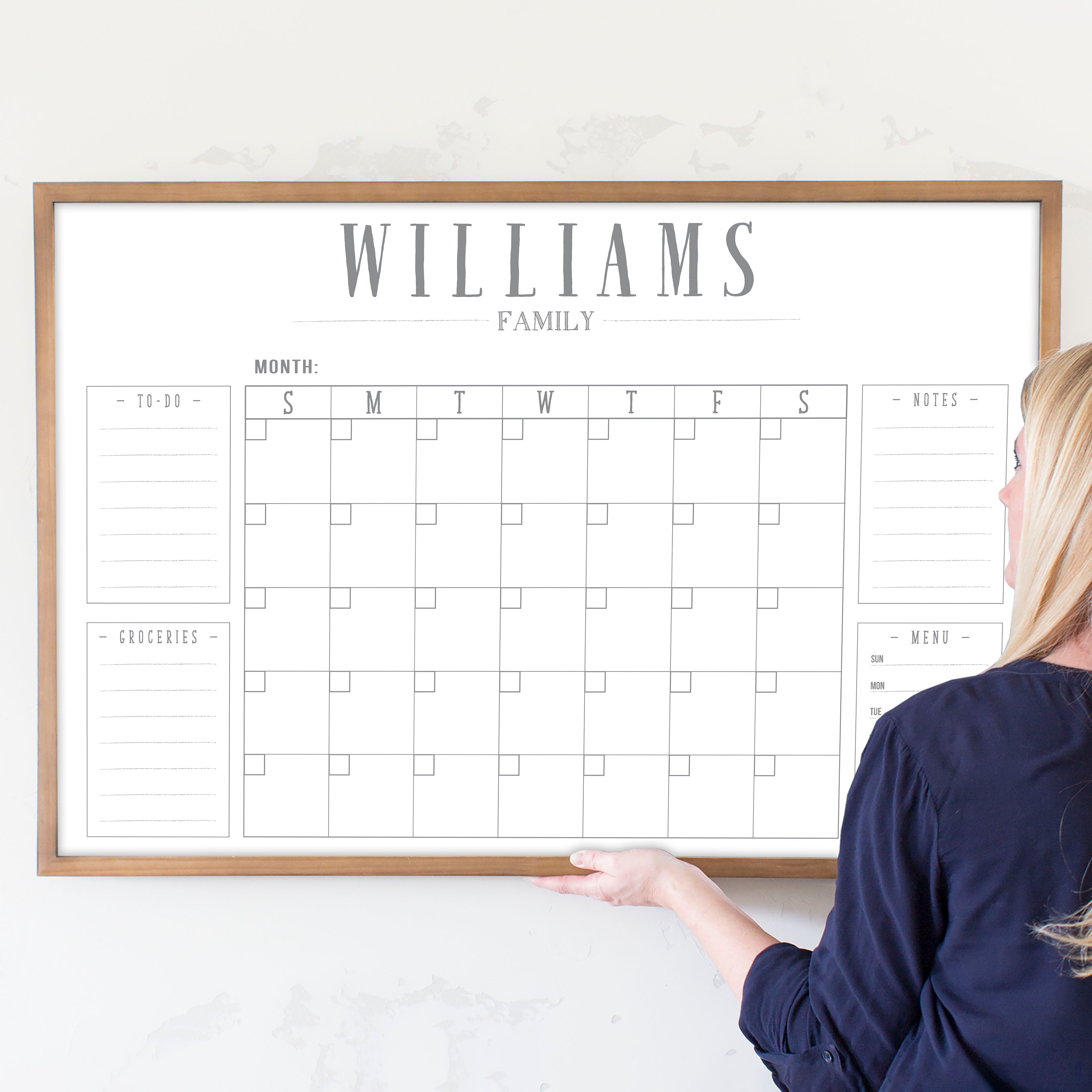 Monthly Framed Whiteboard Calendar + 4 sections | Horizontal Swanson