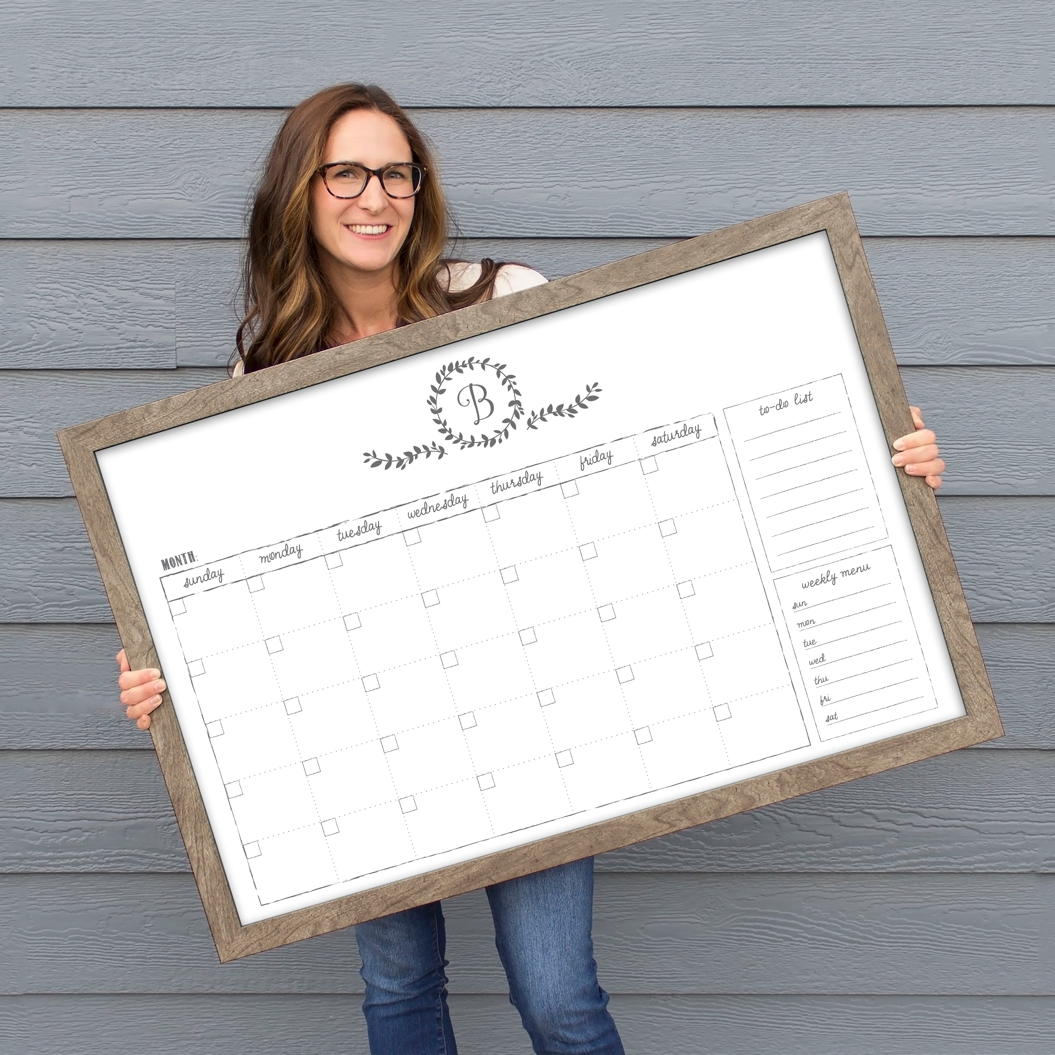 Monthly Framed Whiteboard Calendar + 2 sections | Horizontal Donna