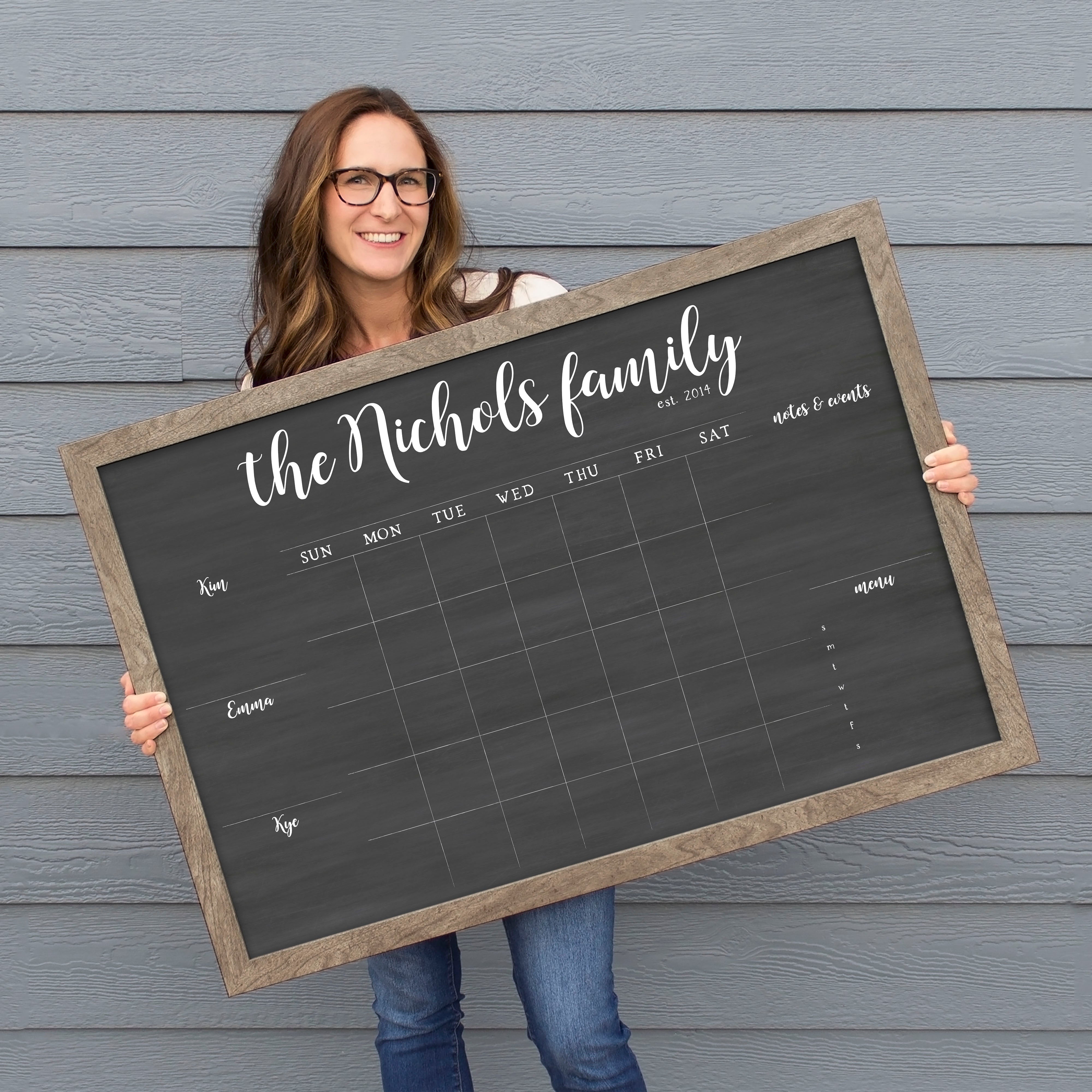 Monthly Framed Chalkboard Calendar + 5 sections | Horizontal Perkins