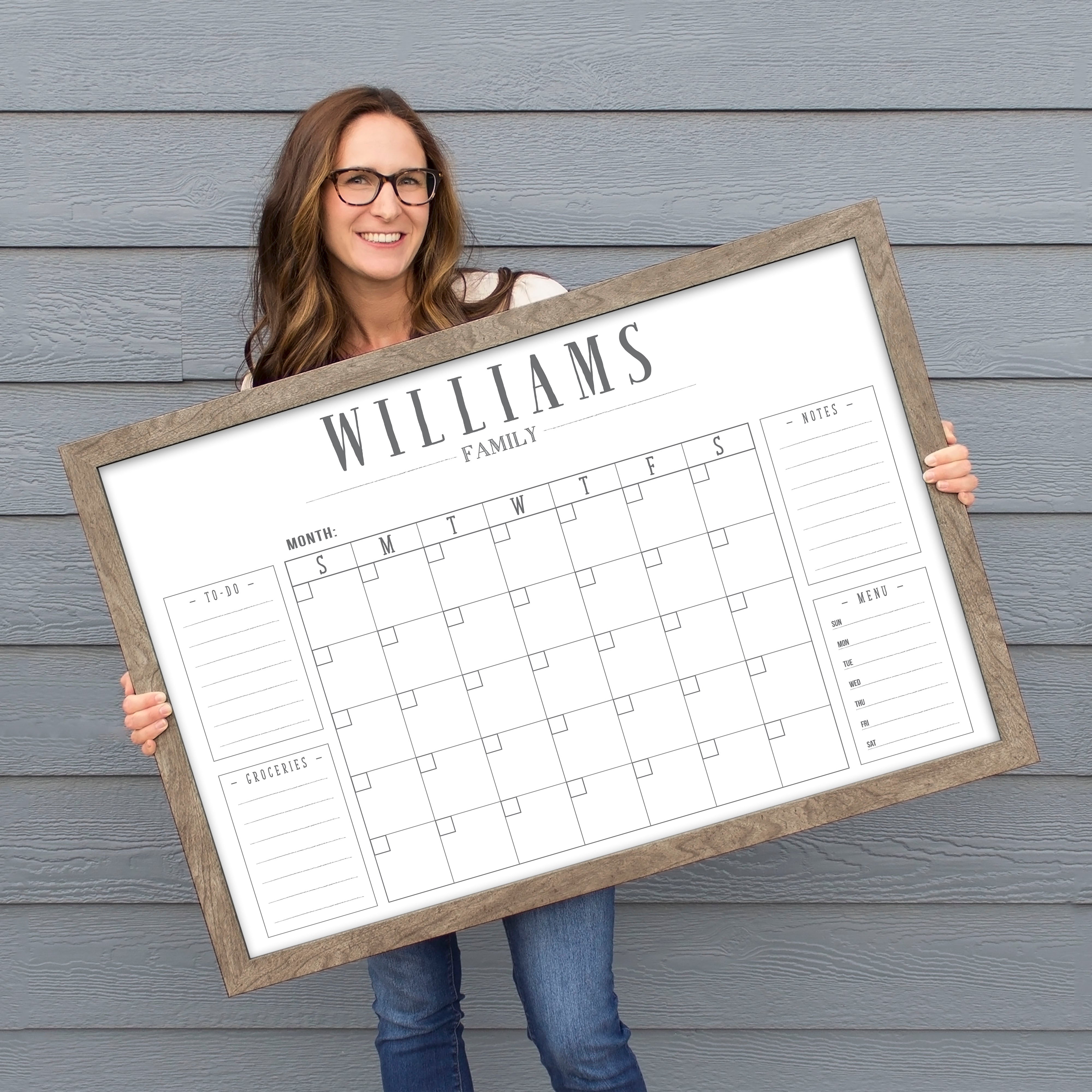 Monthly Framed Whiteboard Calendar + 4 sections | Horizontal Swanson