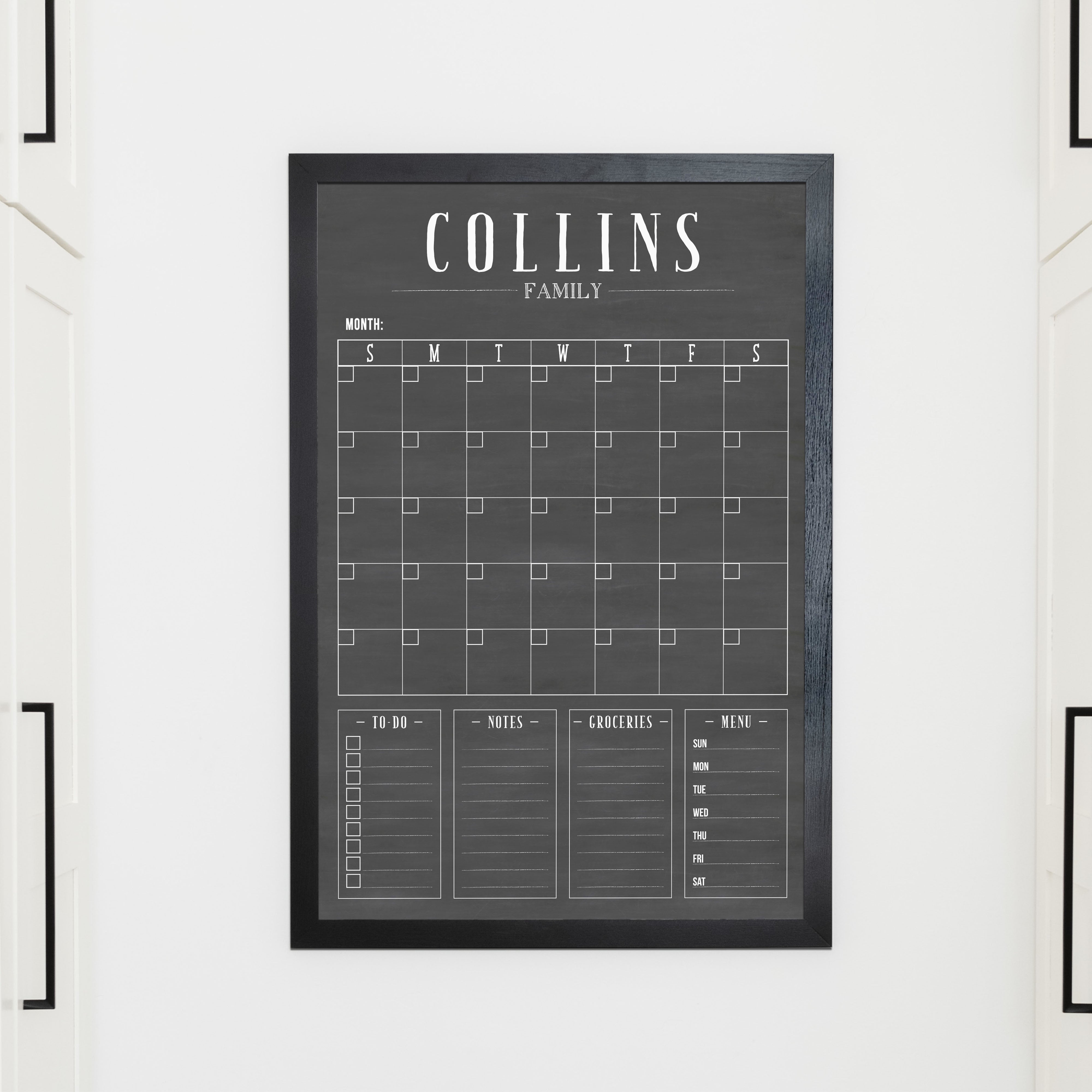 Monthly Framed Chalkboard Calendar + 4 sections | Vertical Swanson