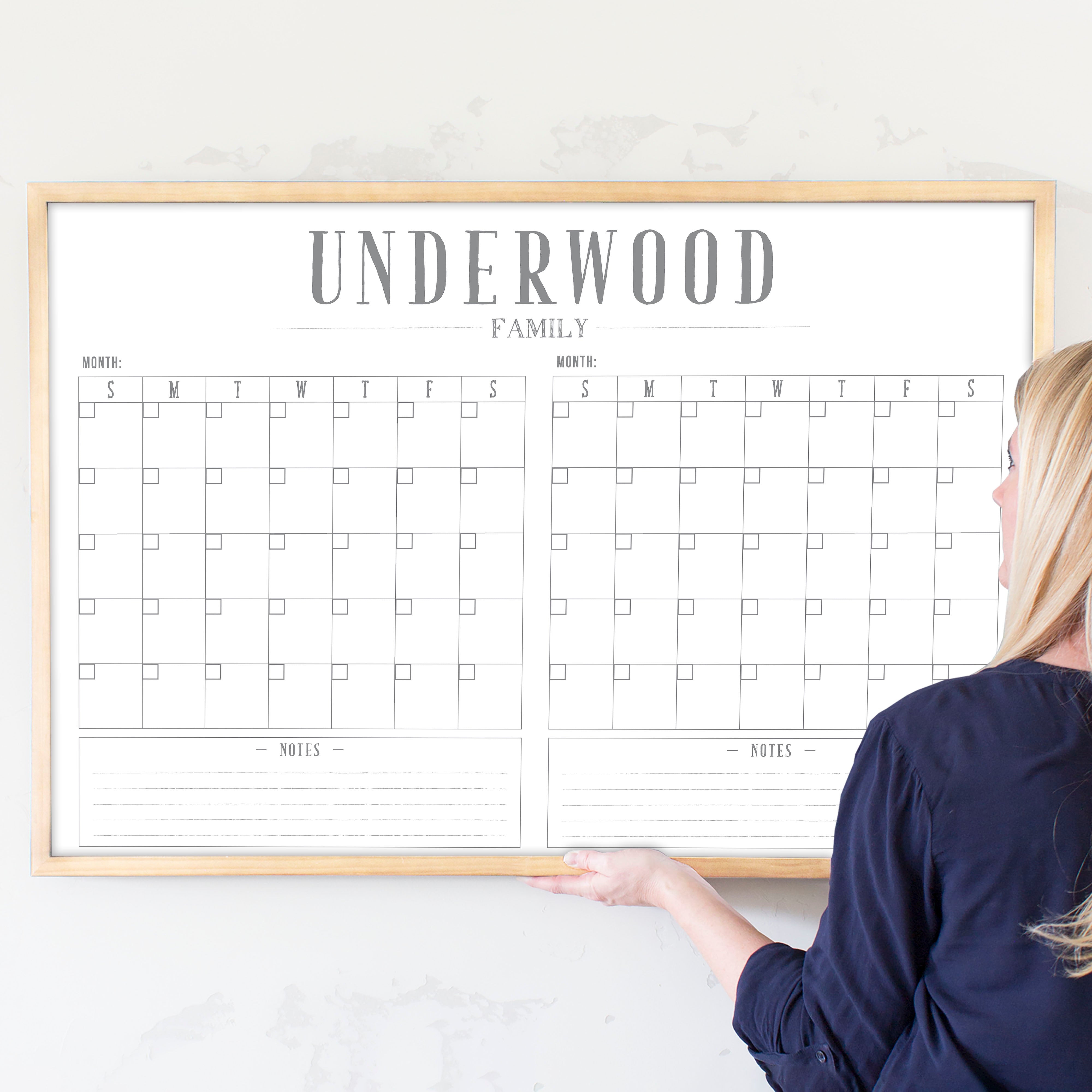 2 Month Framed Whiteboard Calendar + 2 sections | Horizontal Swanson