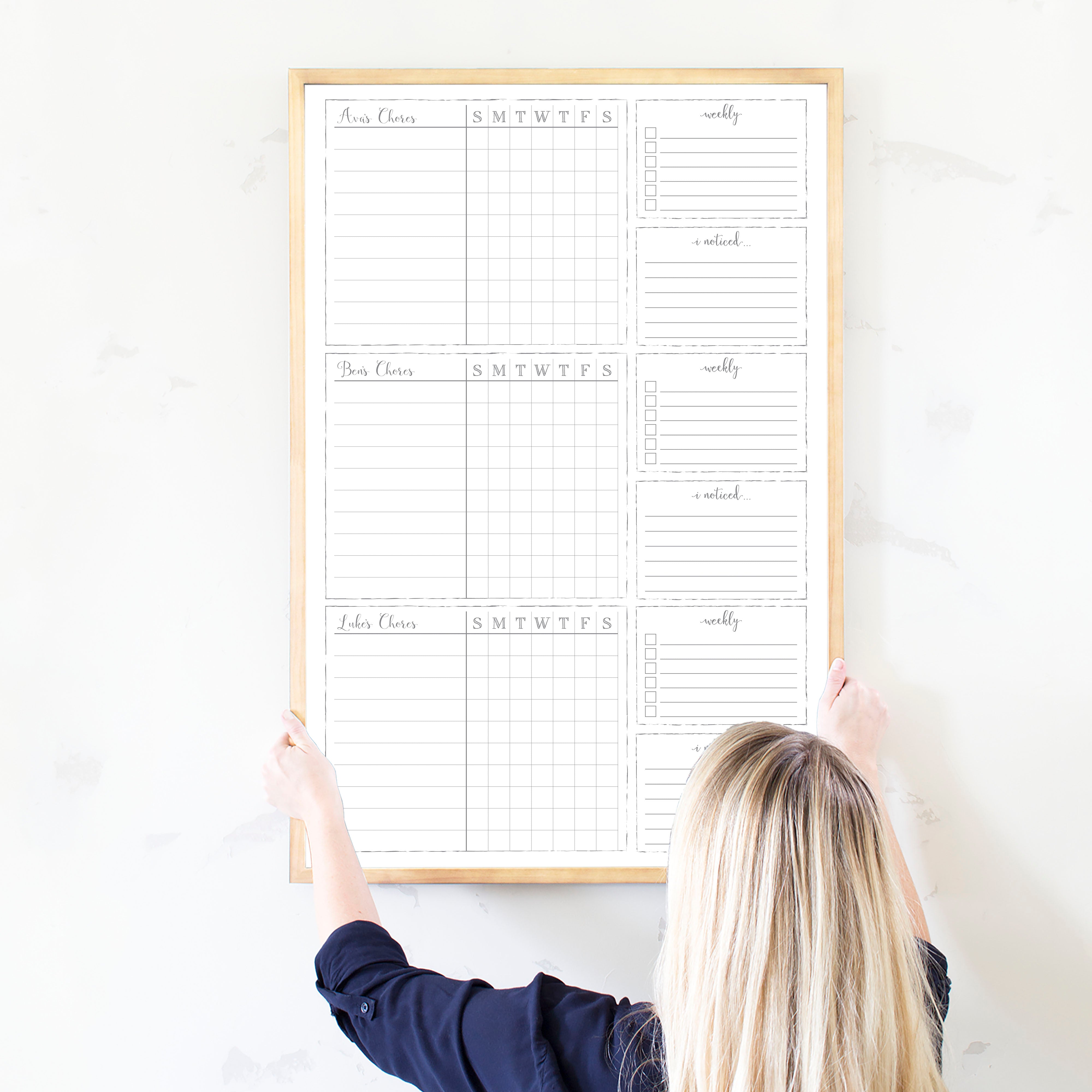 3 Person Framed Whiteboard Chore Chart  | Vertical Knope