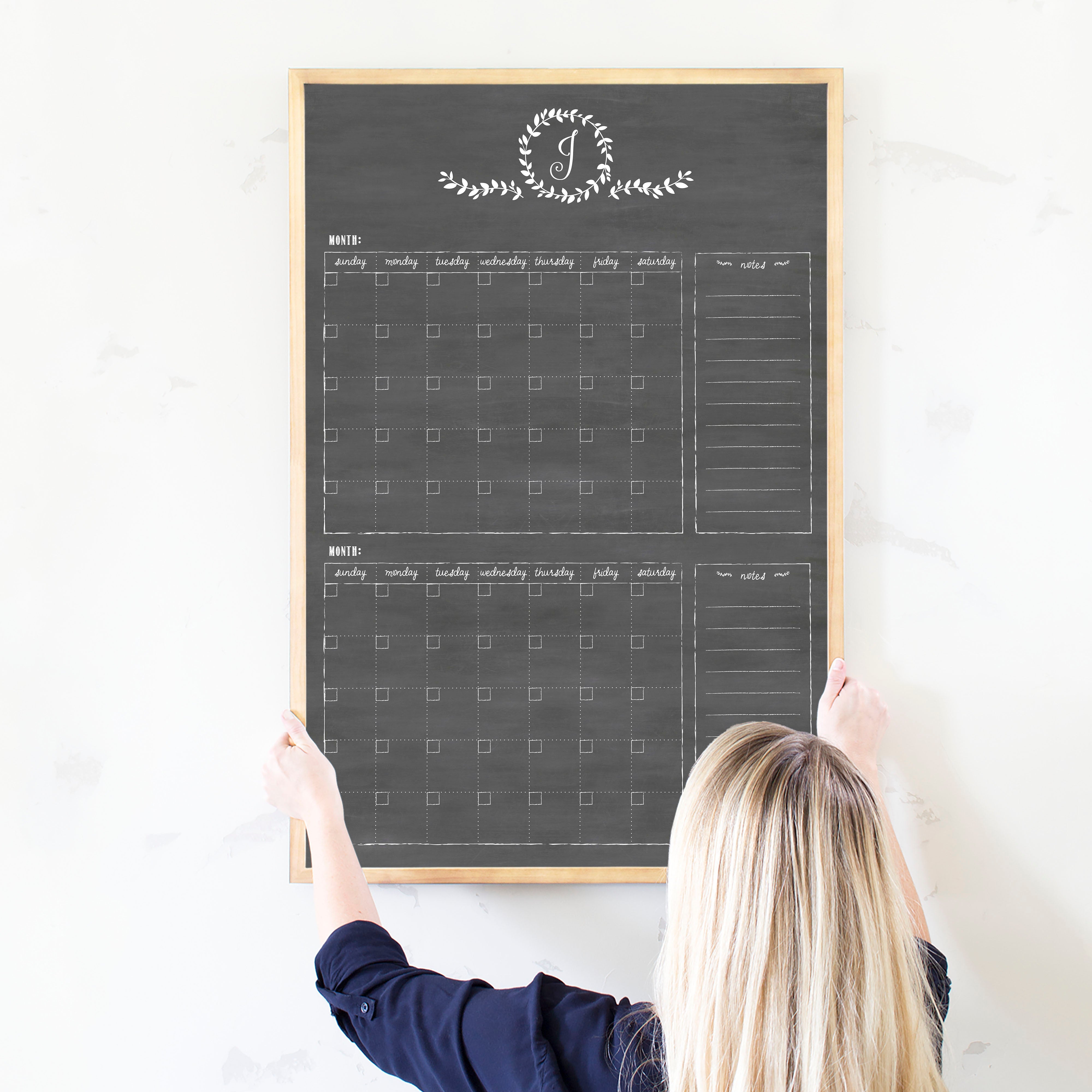2 Month Framed Chalkboard Calendar + 2 sections | Vertical Donna
