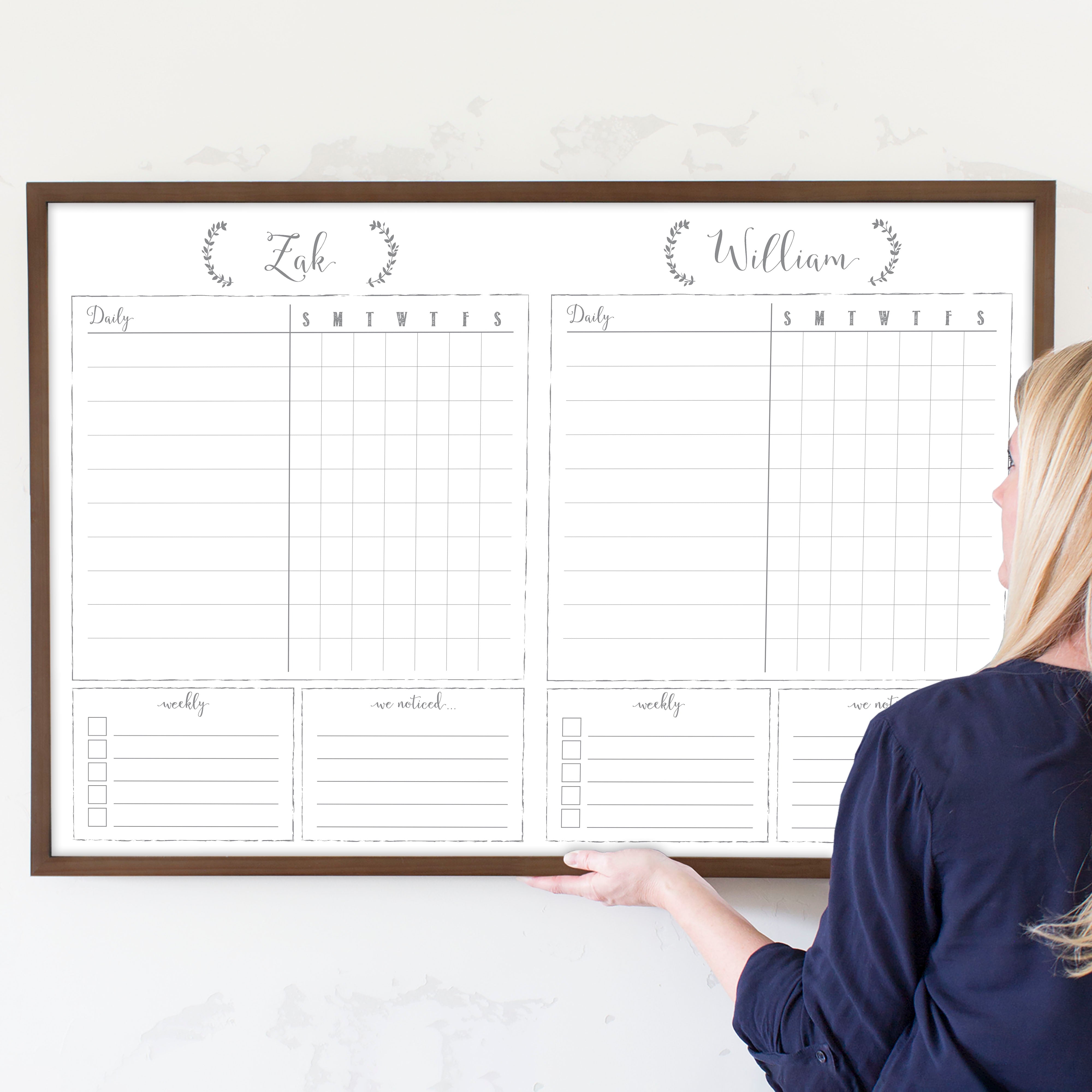 2 Person Framed Whiteboard Chore Chart  | Horizontal Eagleton