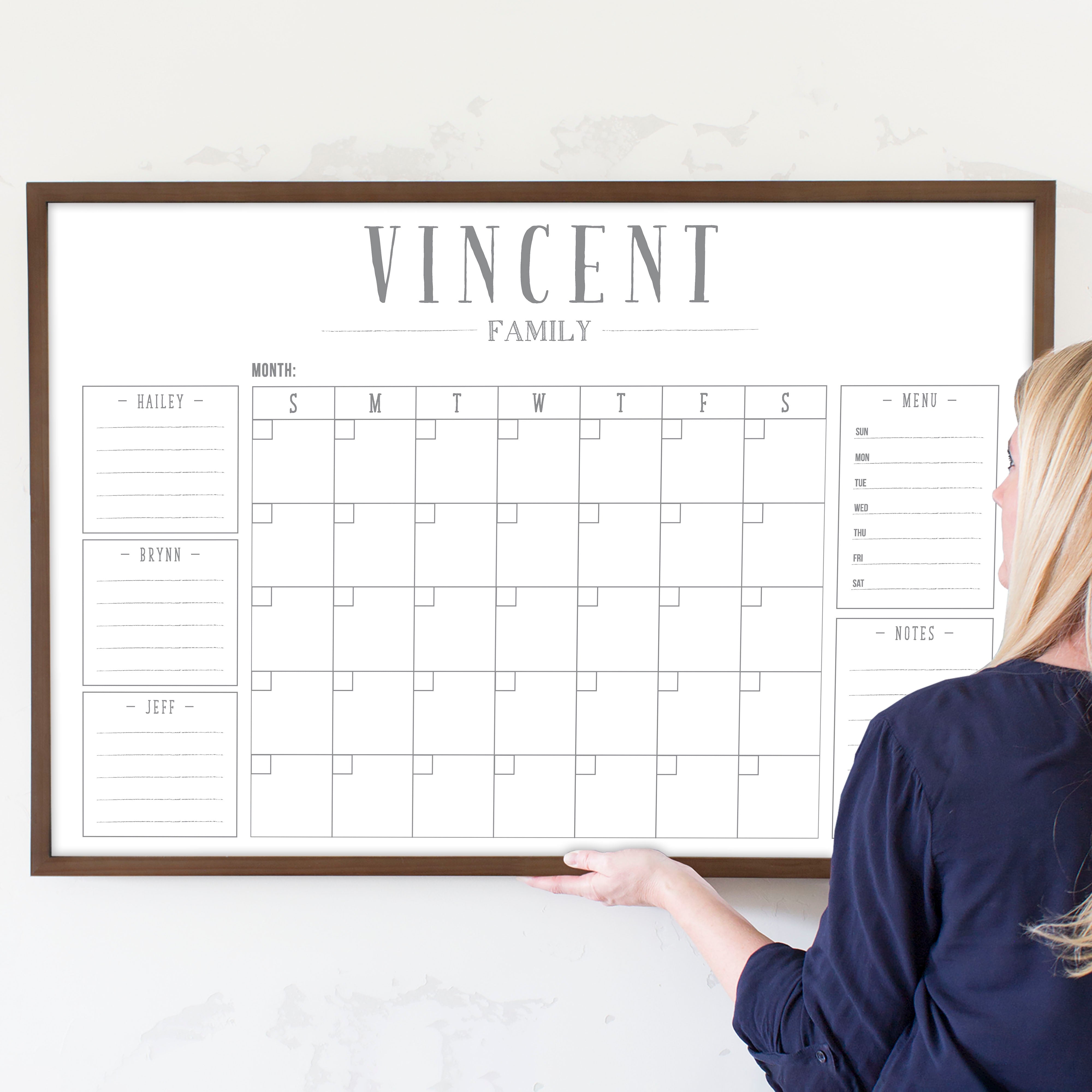 Monthly Framed Whiteboard Calendar + 5 sections | Horizontal Swanson