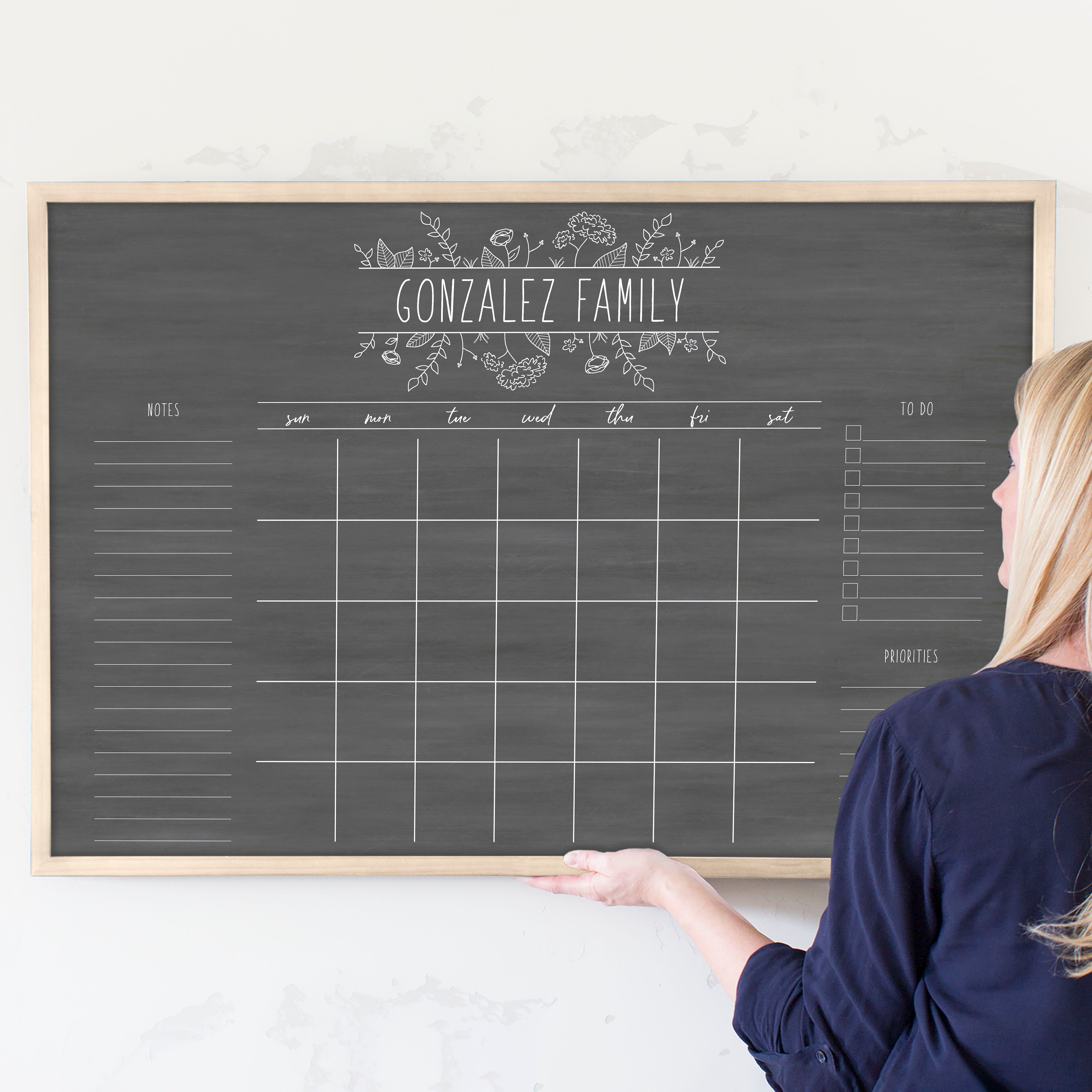 Monthly Framed Chalkboard Calendar + 3 sections | Horizontal Lucy