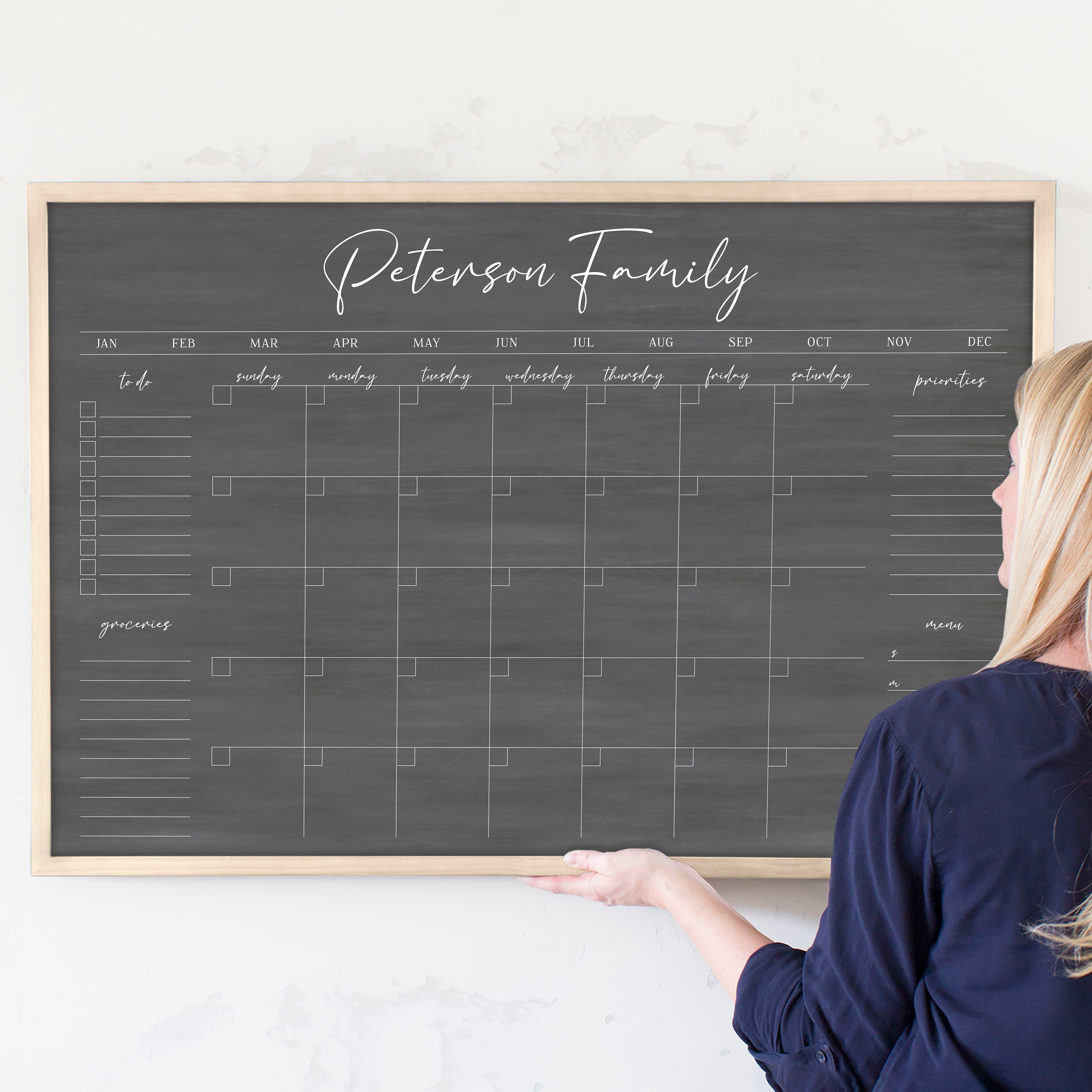 Monthly Framed Chalkboard Calendar + 4 sections | Horizontal Pennington