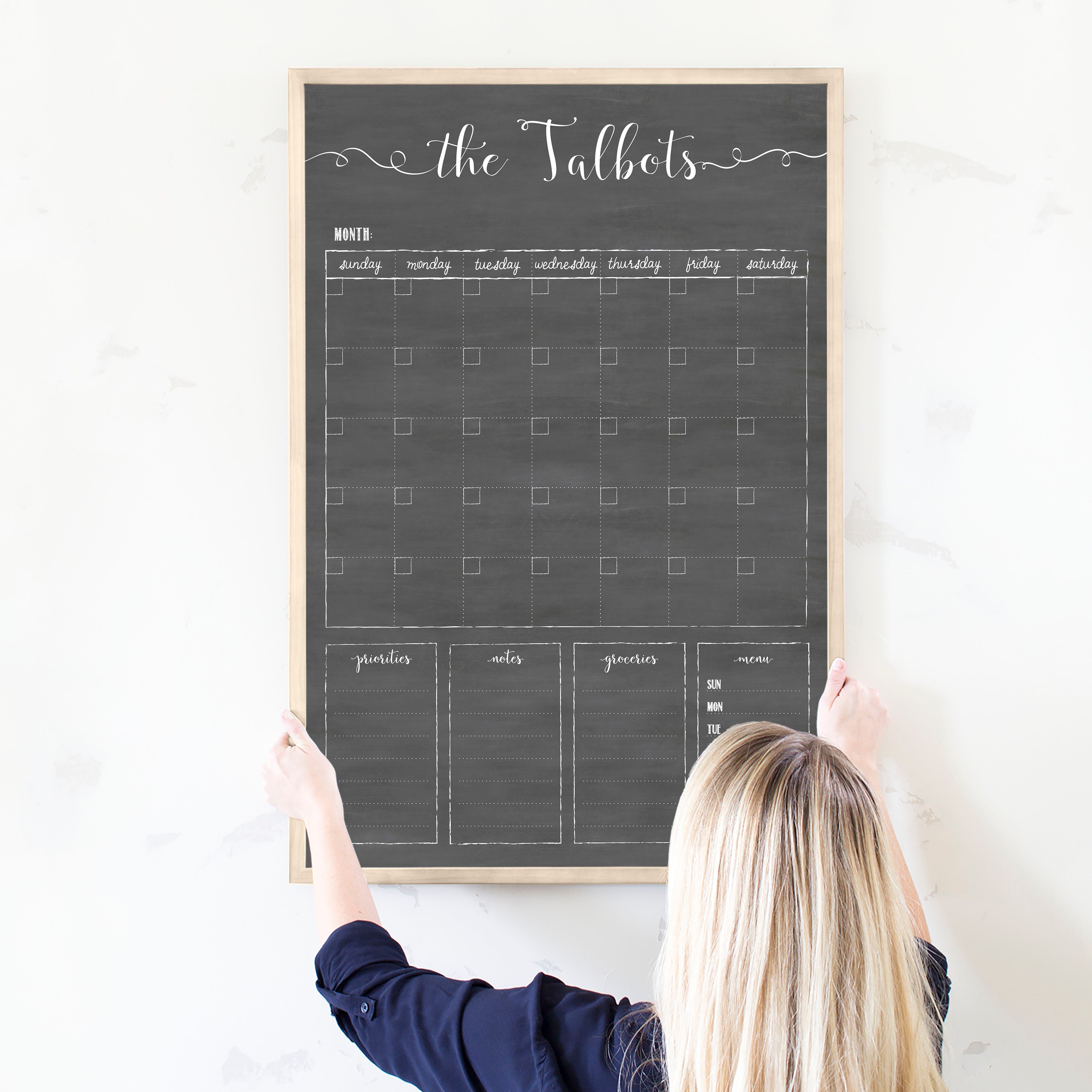 Monthly Framed Chalkboard Calendar + 4 sections | Vertical Knope