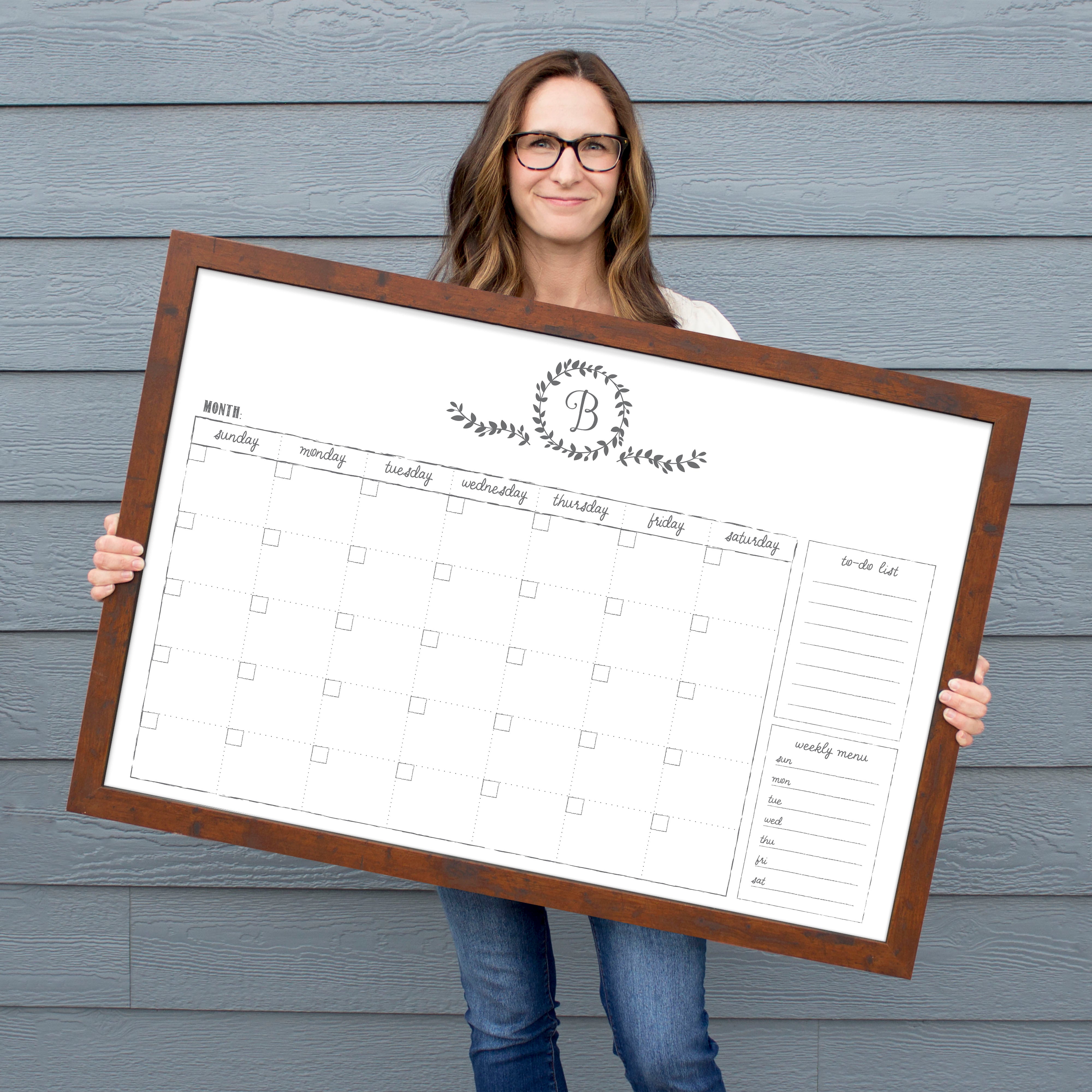 Monthly Framed Whiteboard Calendar + 2 sections | Horizontal Donna