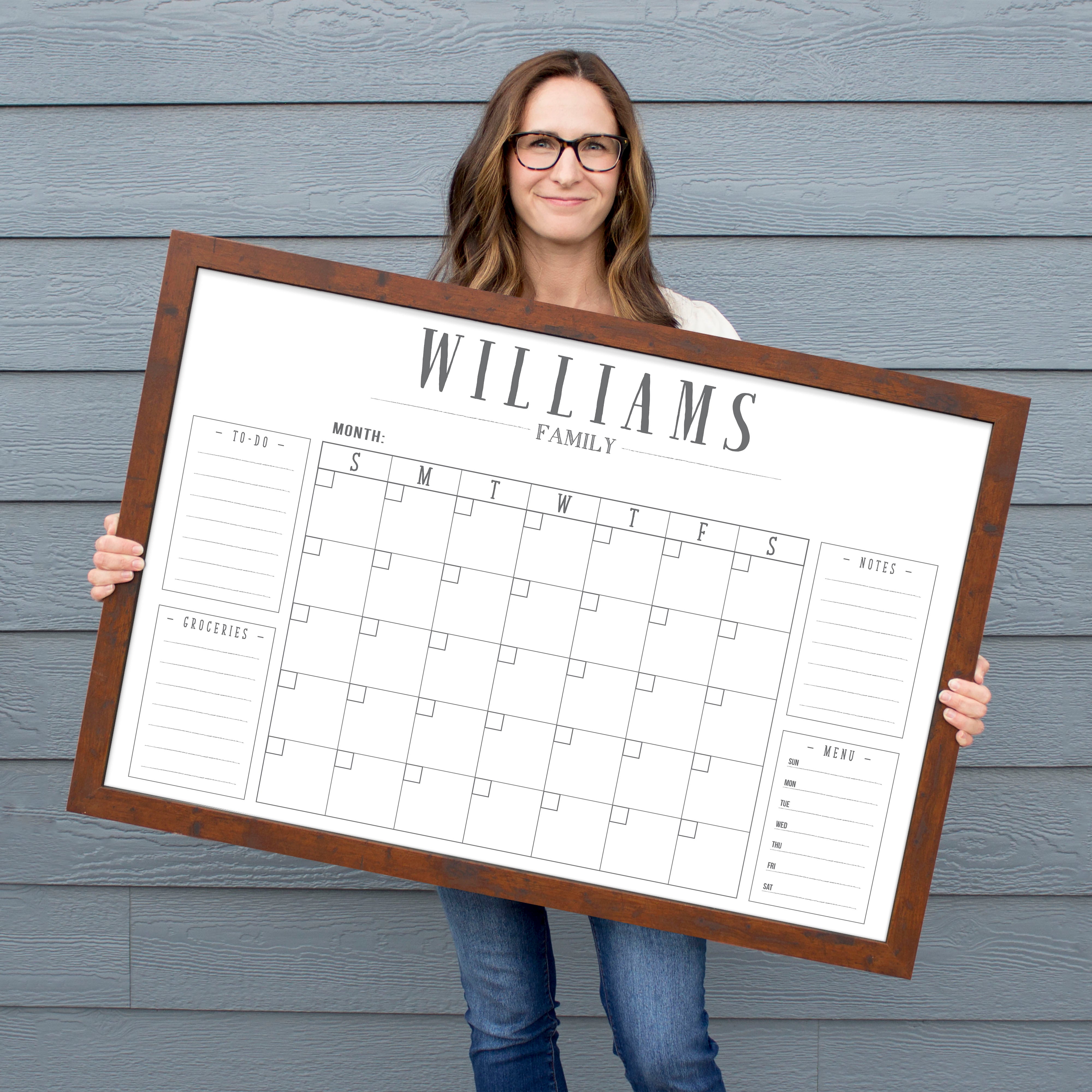 Monthly Framed Whiteboard Calendar + 4 sections | Horizontal Swanson