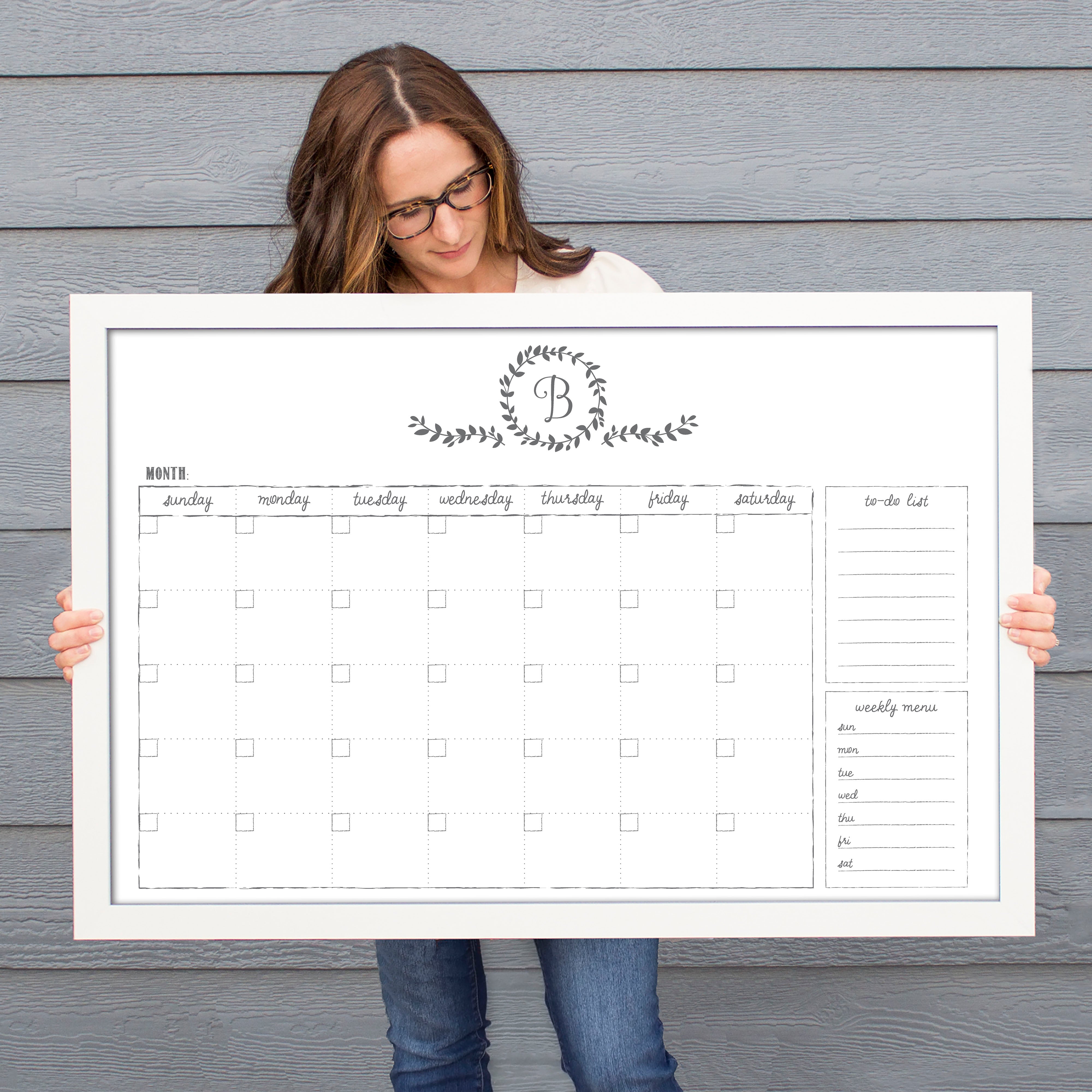 Monthly Framed Whiteboard Calendar + 2 sections | Horizontal Donna