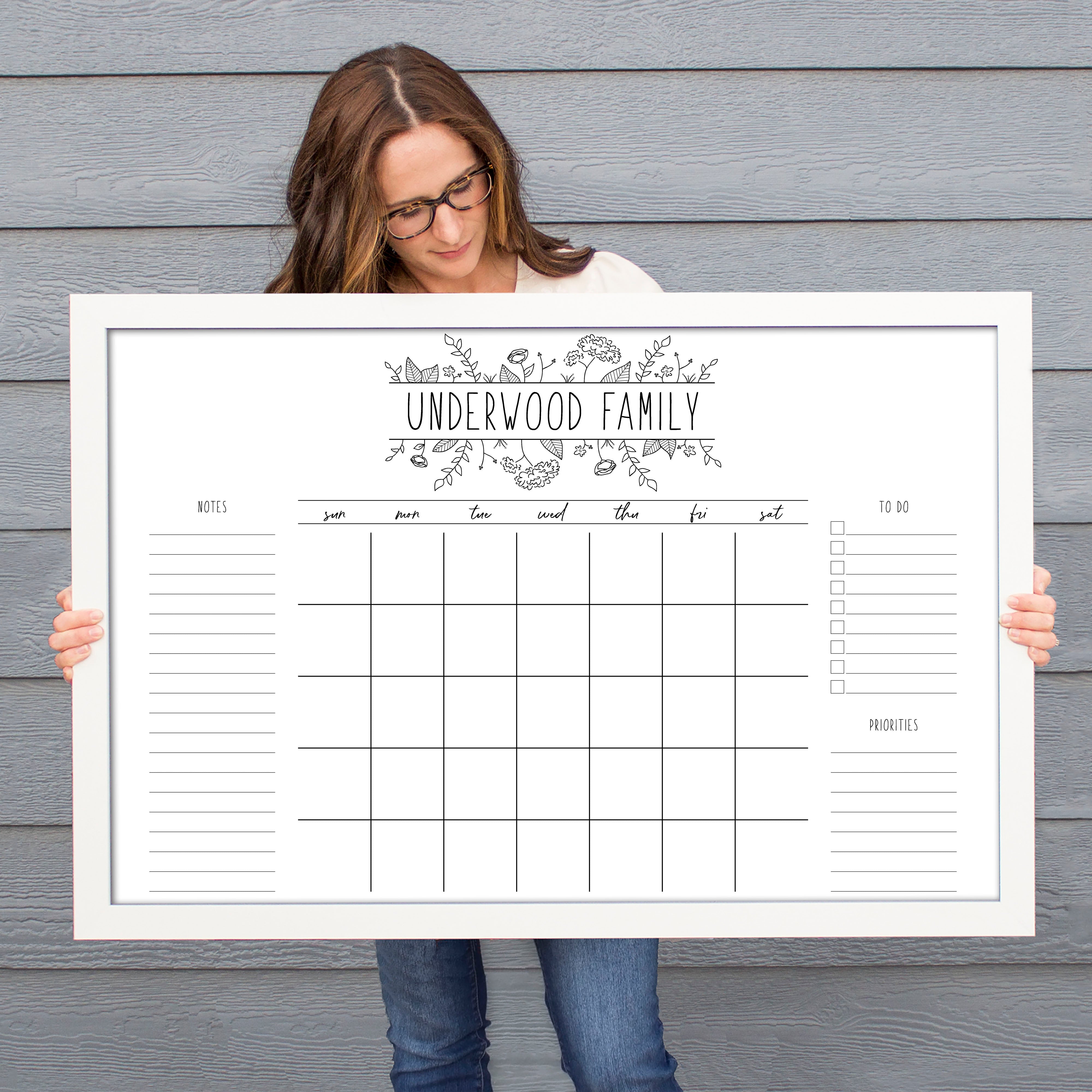 Monthly Framed Whiteboard Calendar + 3 sections | Horizontal Lucy