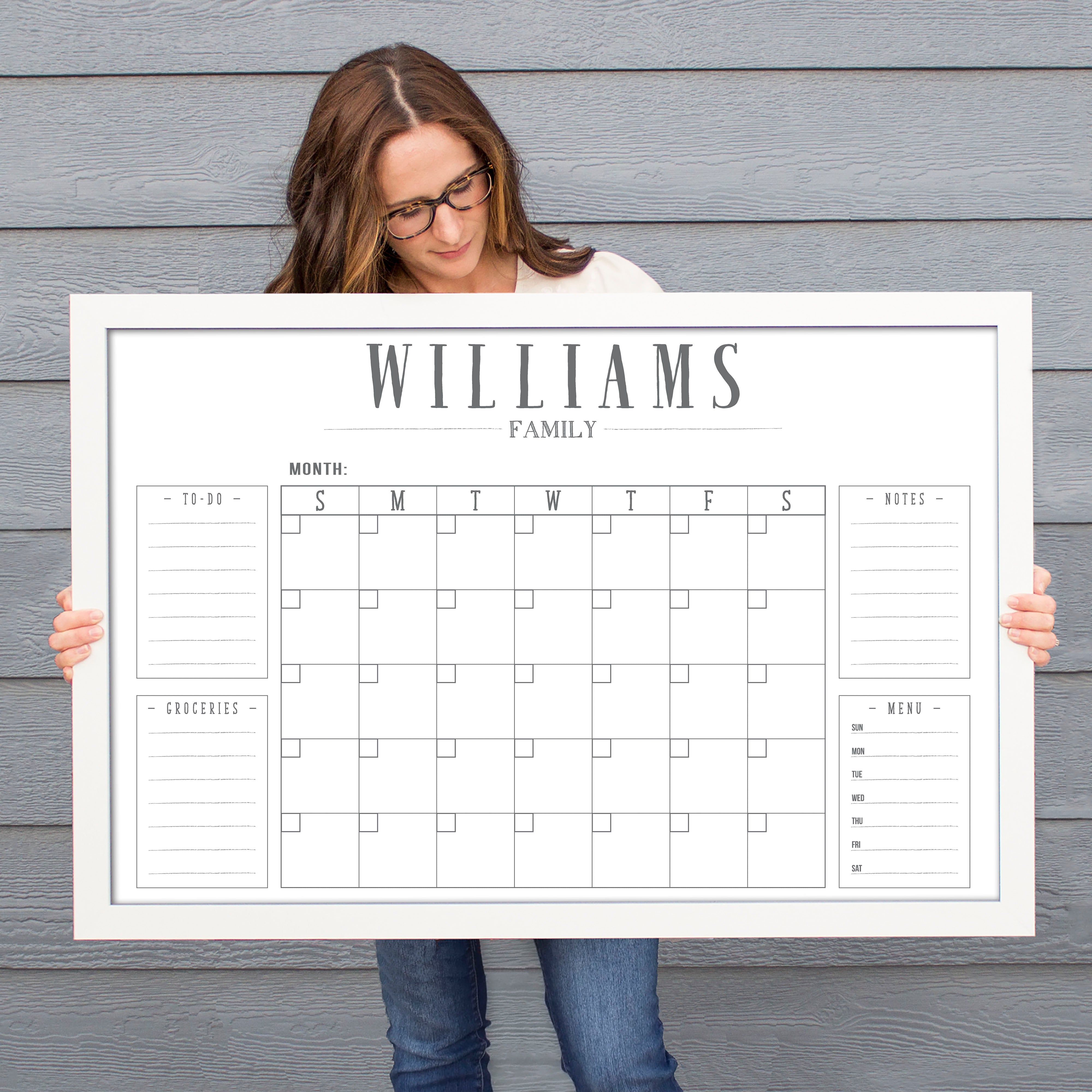 Monthly Framed Whiteboard Calendar + 4 sections | Horizontal Swanson