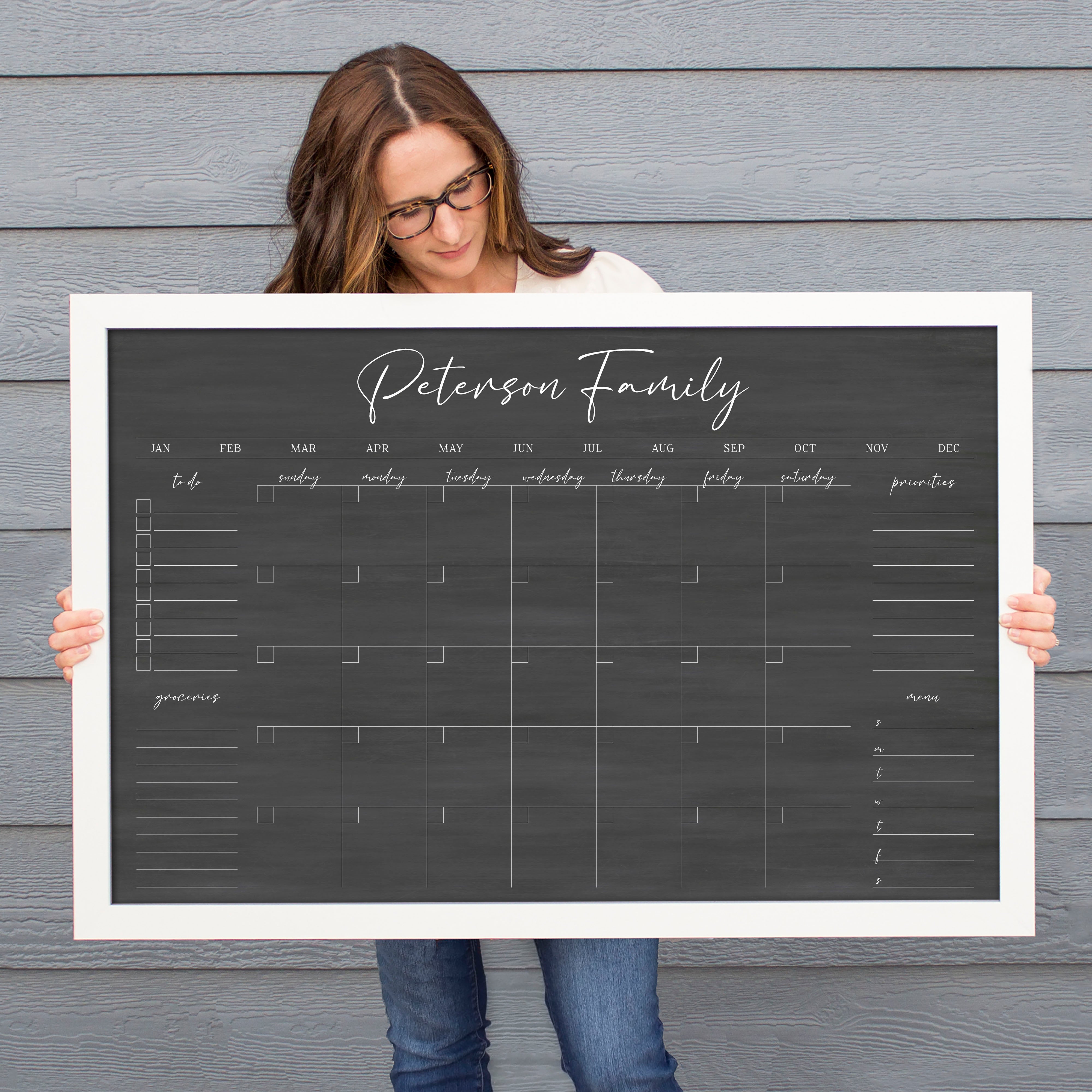 Monthly Framed Chalkboard Calendar + 4 sections | Horizontal Pennington