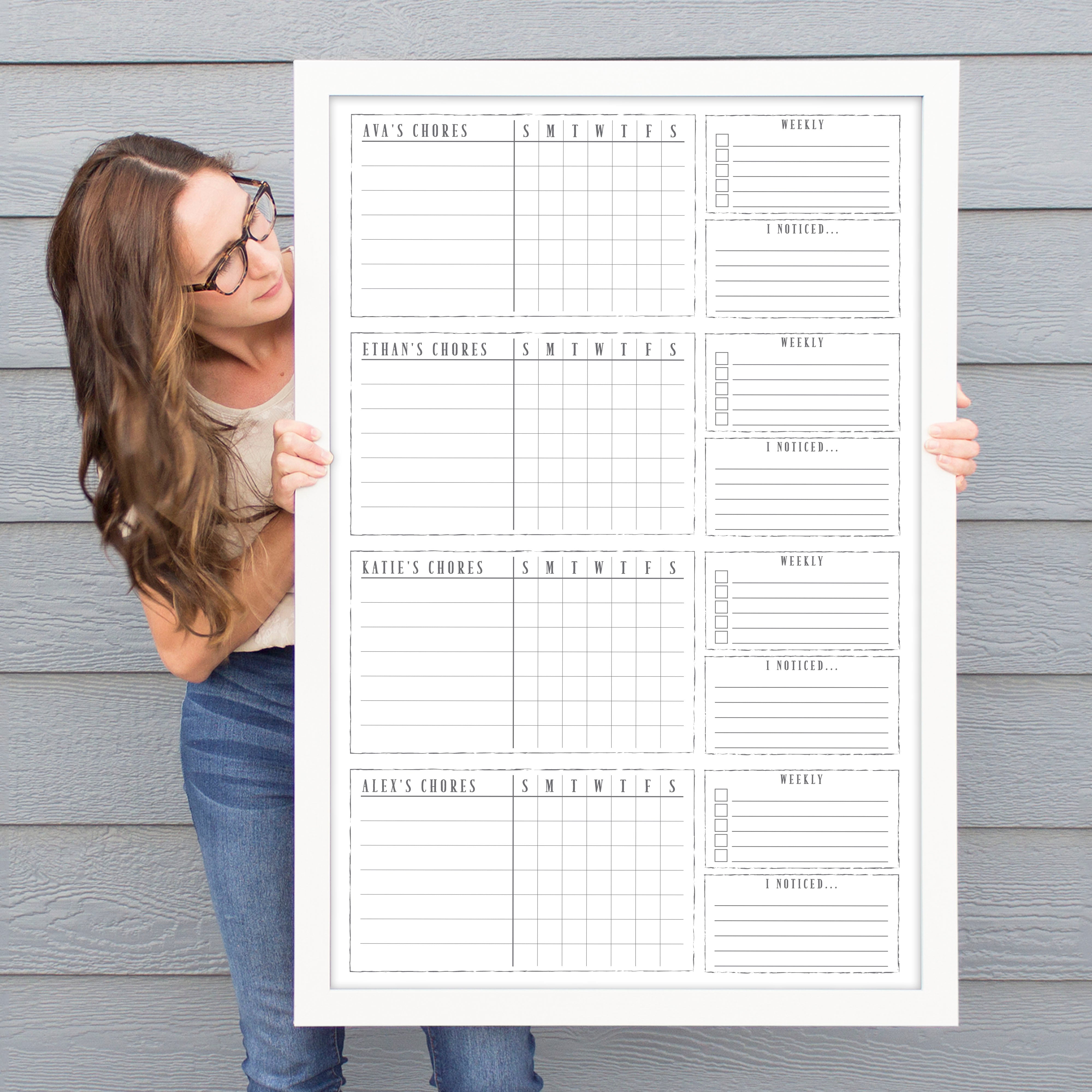 4 Person Framed Whiteboard Chore Chart  | Vertical Swanson