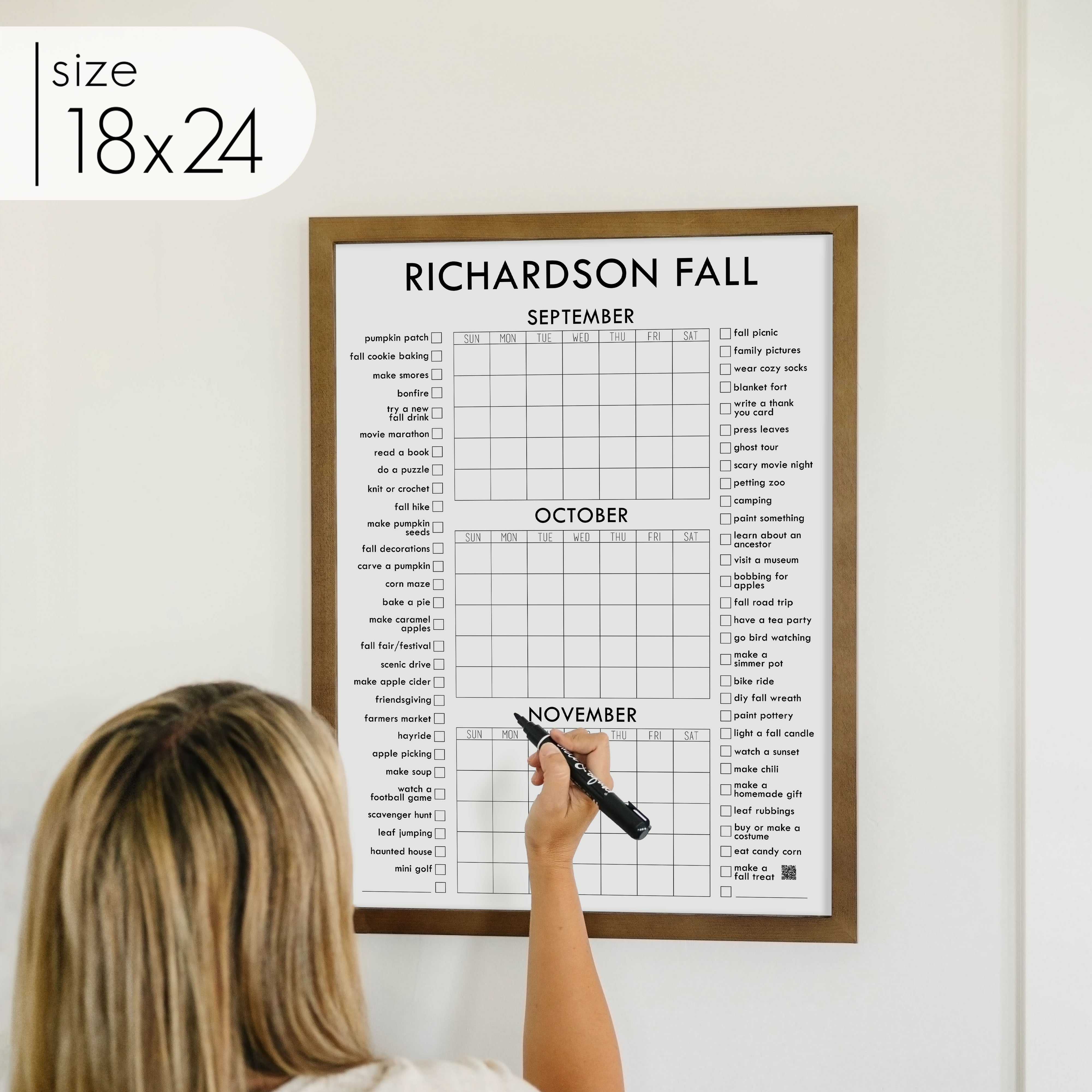 Framed 3 Month Fall Bucket List Calendar | Vertical Madi