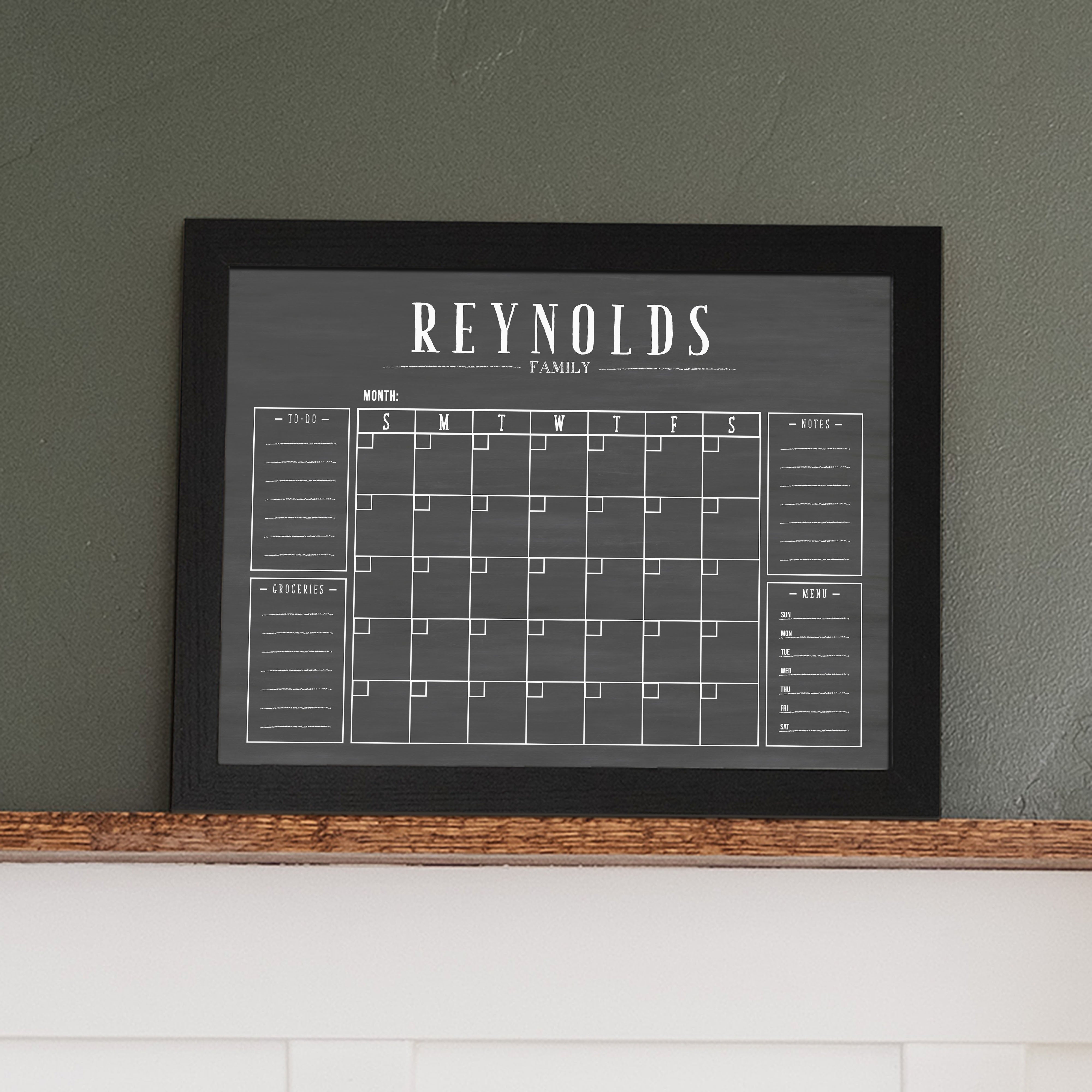 Monthly Framed Chalkboard Calendar + 4 sections | Horizontal Swanson