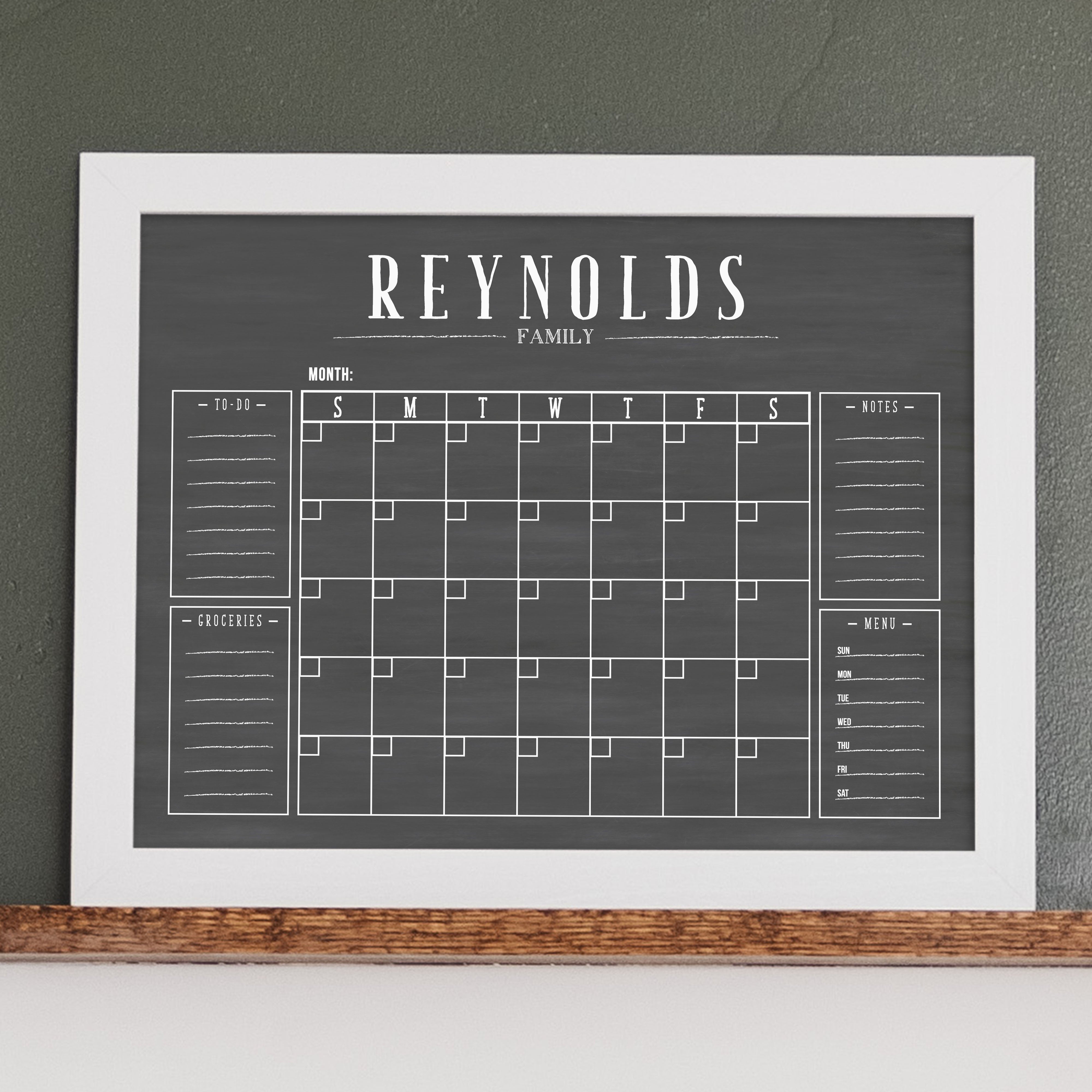 Monthly Framed Chalkboard Calendar + 4 sections | Horizontal Swanson