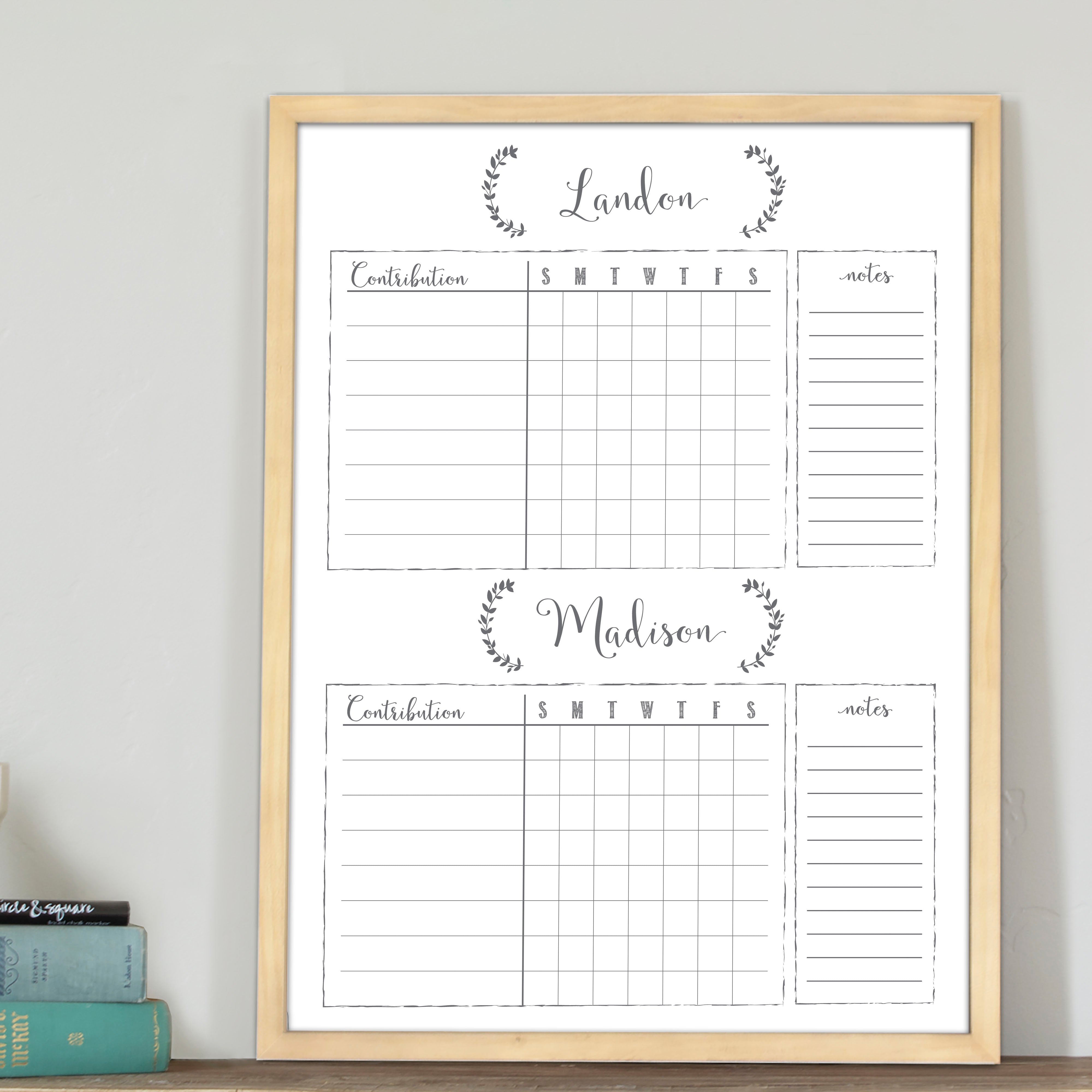 2 Person Framed Whiteboard Chore Chart  | Vertical Eagleton