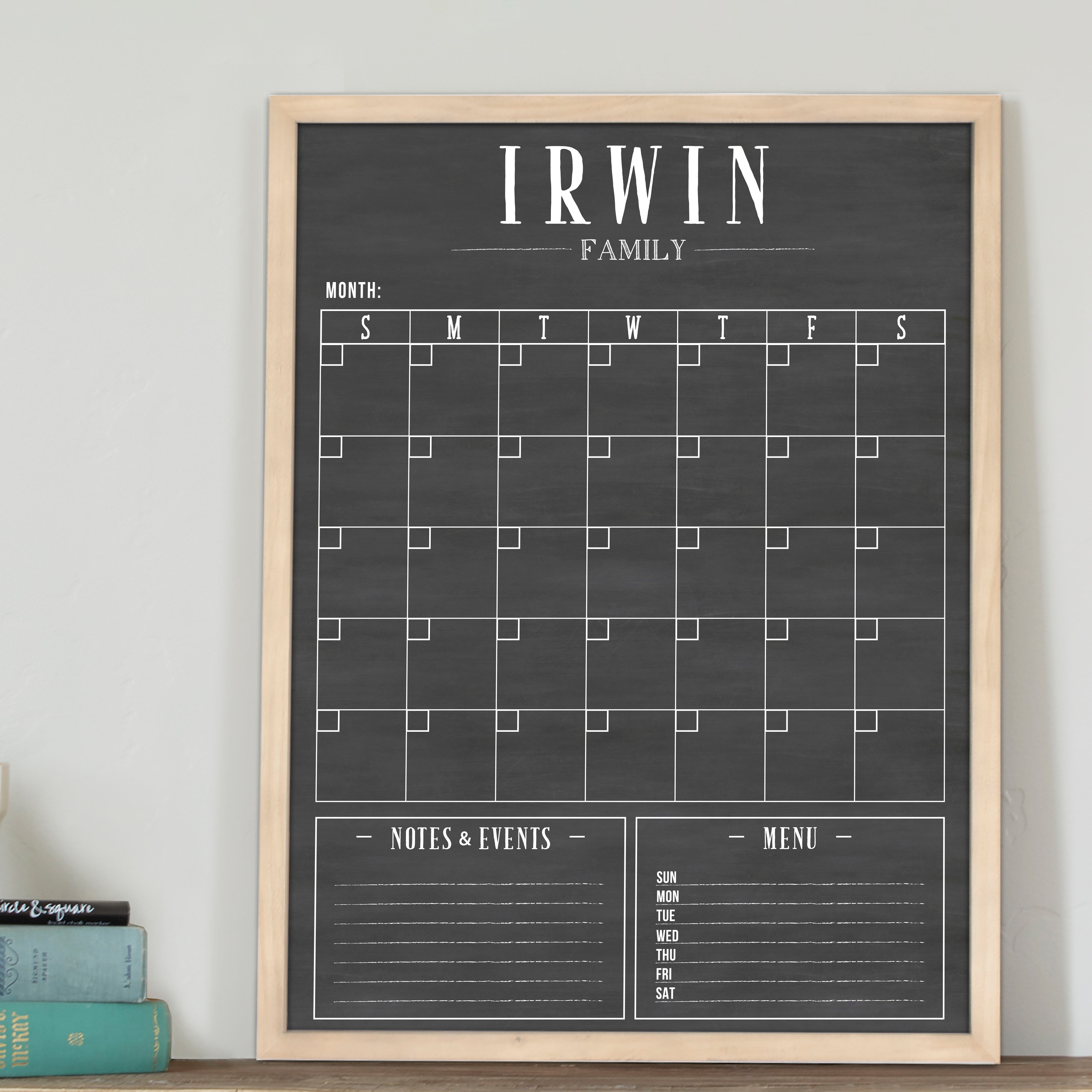 Monthly Framed Chalkboard Calendar + 2 sections | Vertical Swanson