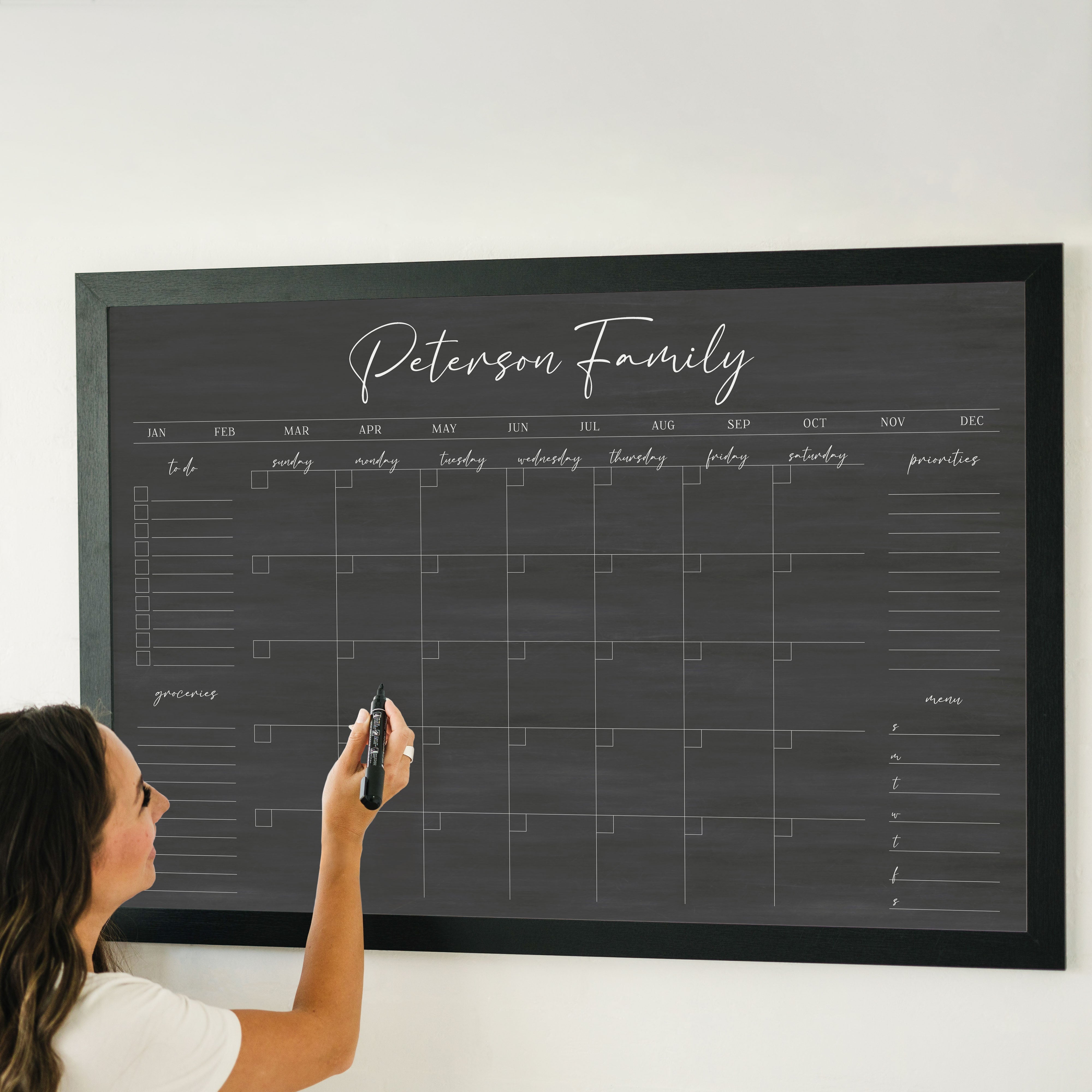 Monthly Framed Chalkboard Calendar + 4 sections | Horizontal Pennington