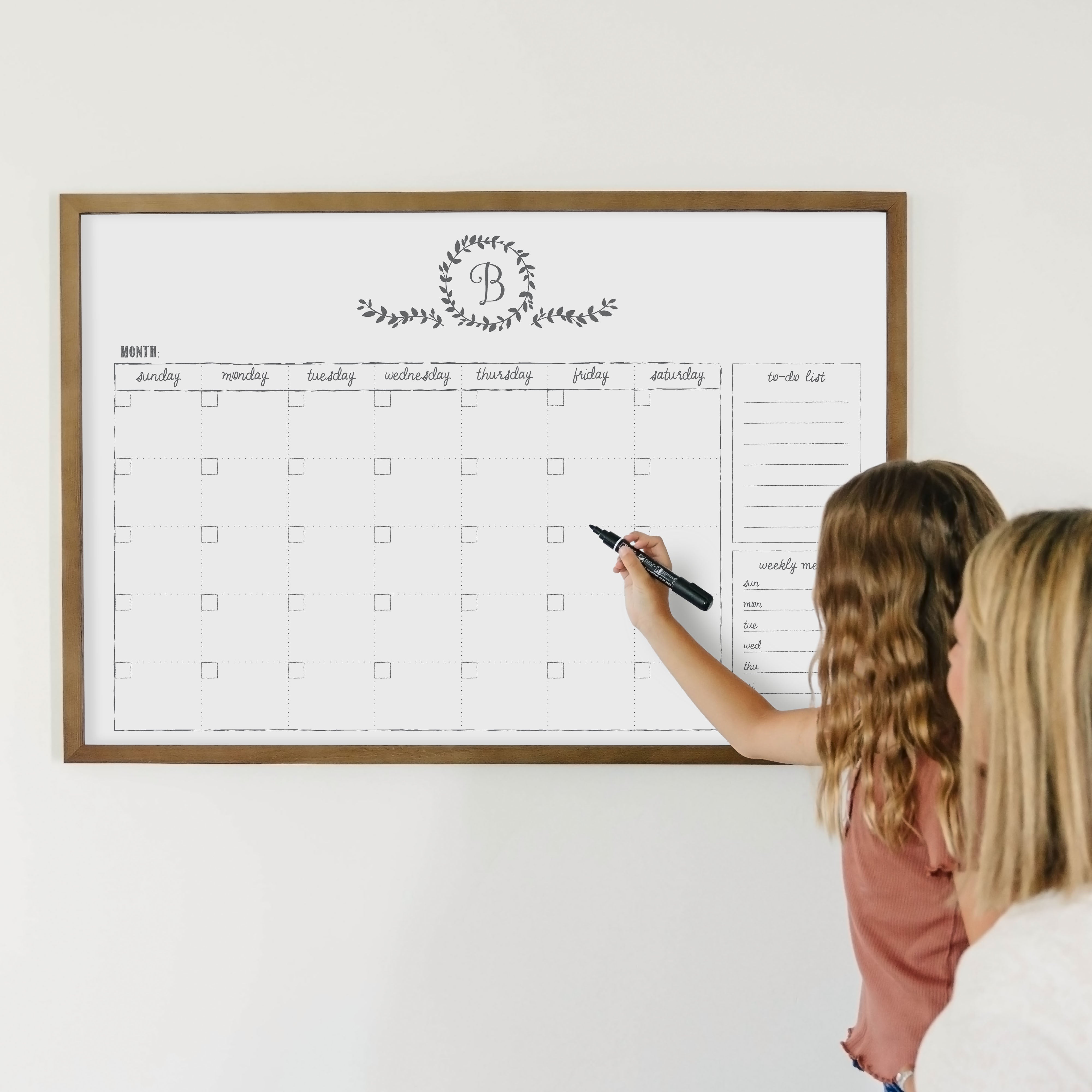 Monthly Framed Whiteboard Calendar + 2 sections | Horizontal Donna