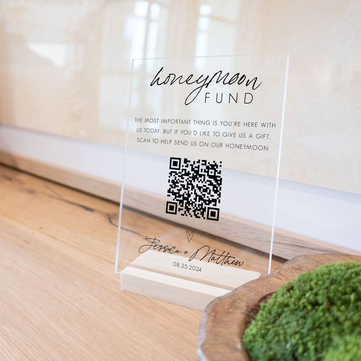 Clear Acrylic Honeymoon Fund Sign | Vertical Jones