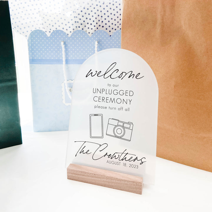 Frosted Acrylic Unplugged Wedding Ceremony Sign | Vertical Jones