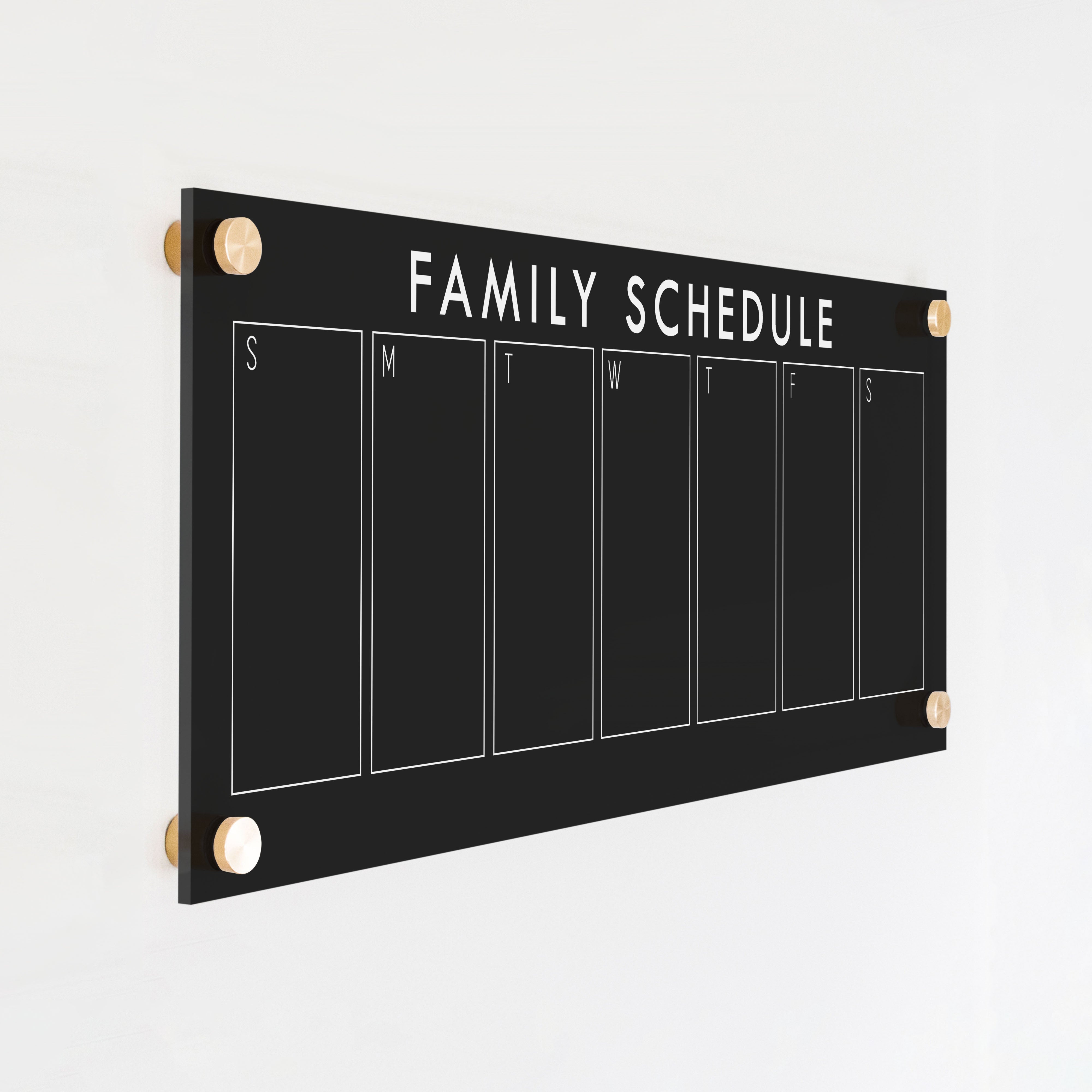 A skinny dry-erase weekly calender made of acrylic hanging on the wall