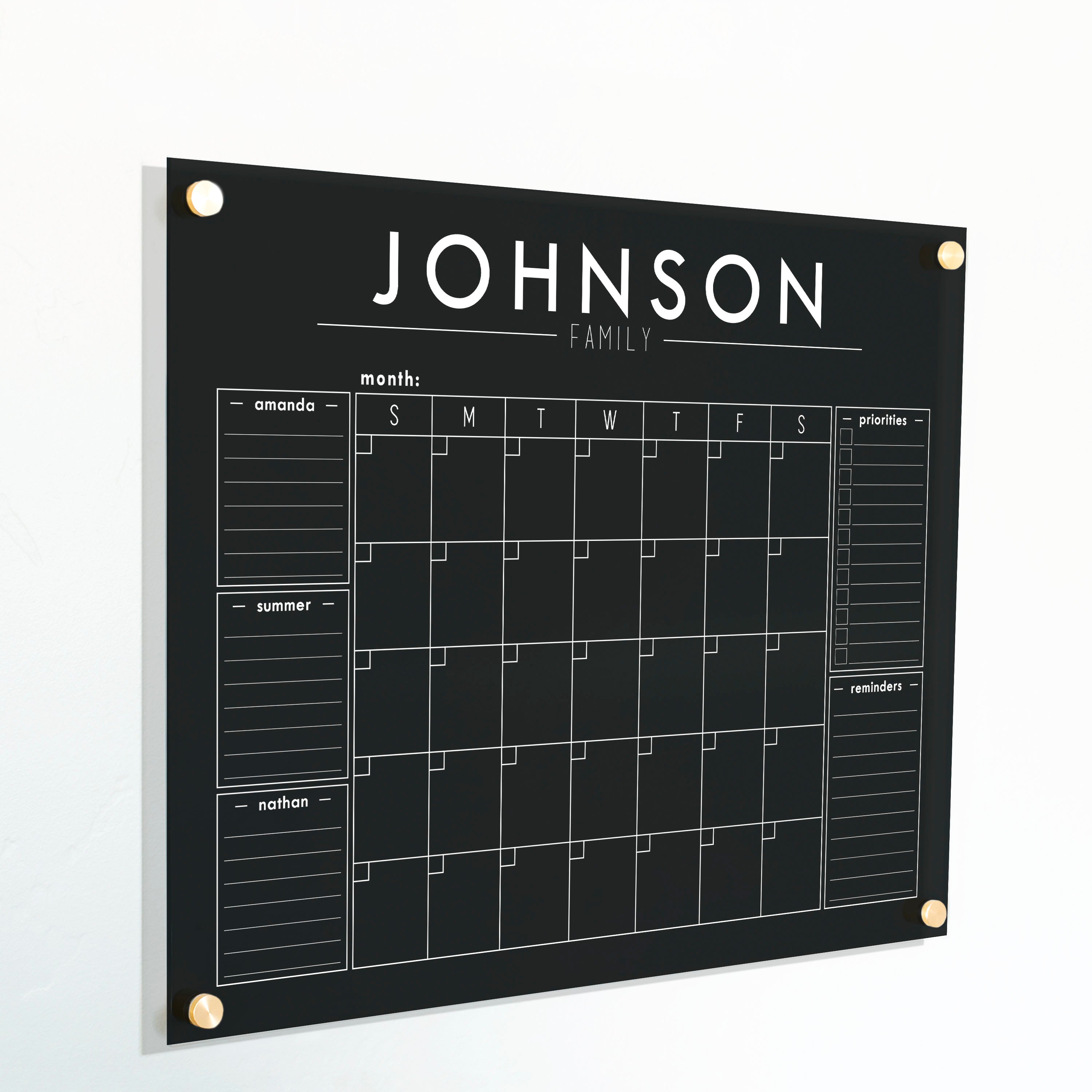 Monthly Black Acrylic Calendar + 5 Sections | Horizontal Craig