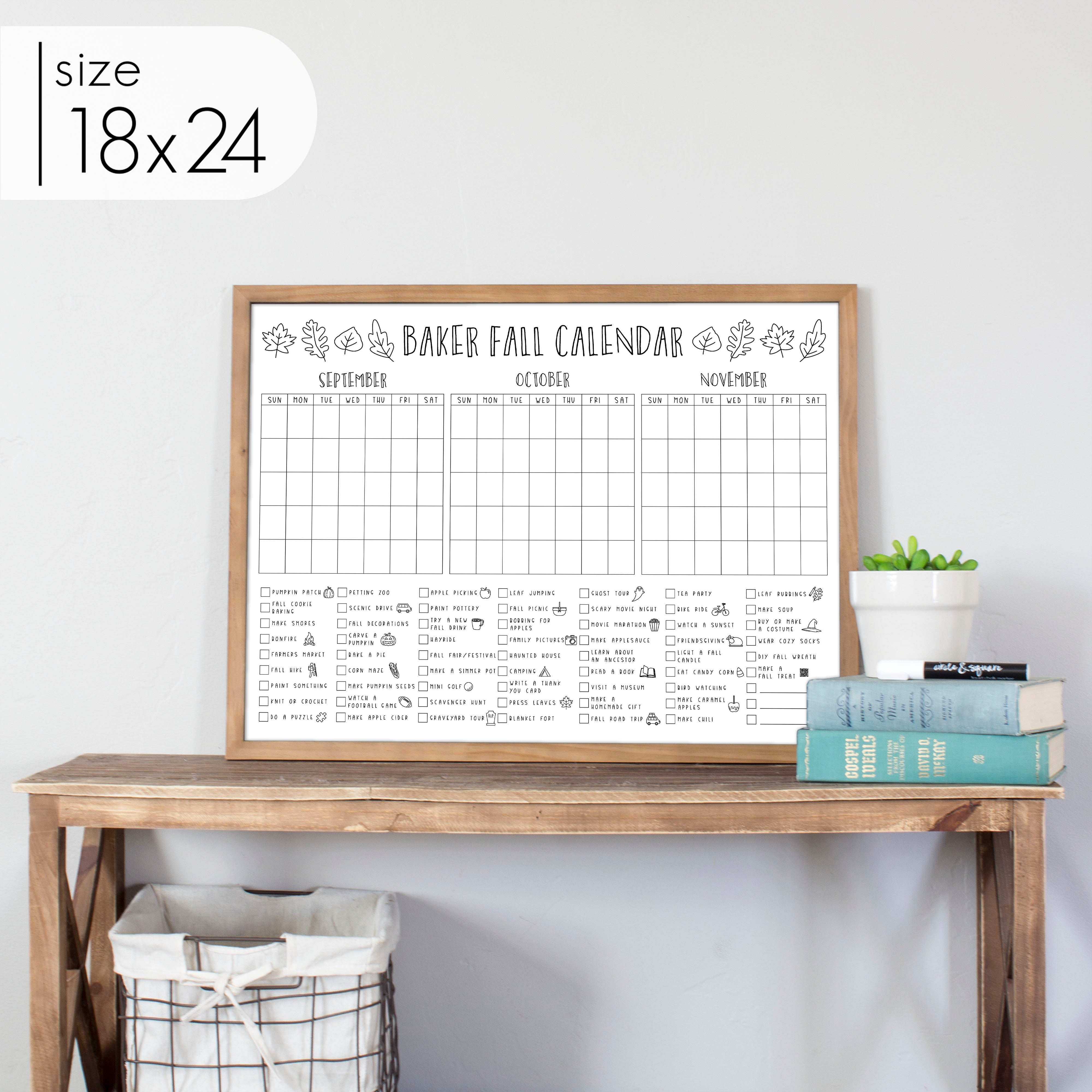 Framed 3 Month Fall Bucket List Calendar | Horizontal Leaf