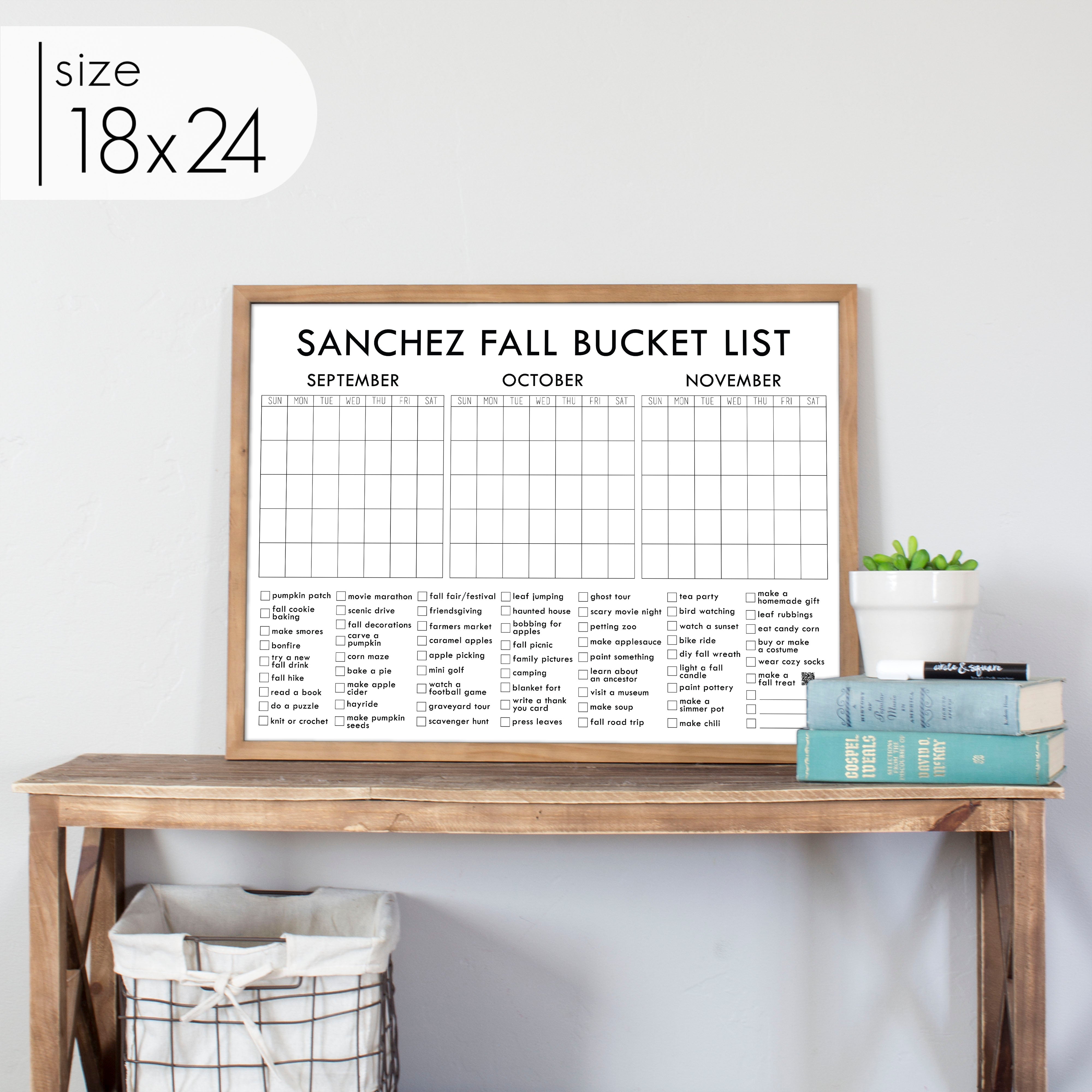 Framed 3 Month Fall Bucket List Calendar | Horizontal Madi