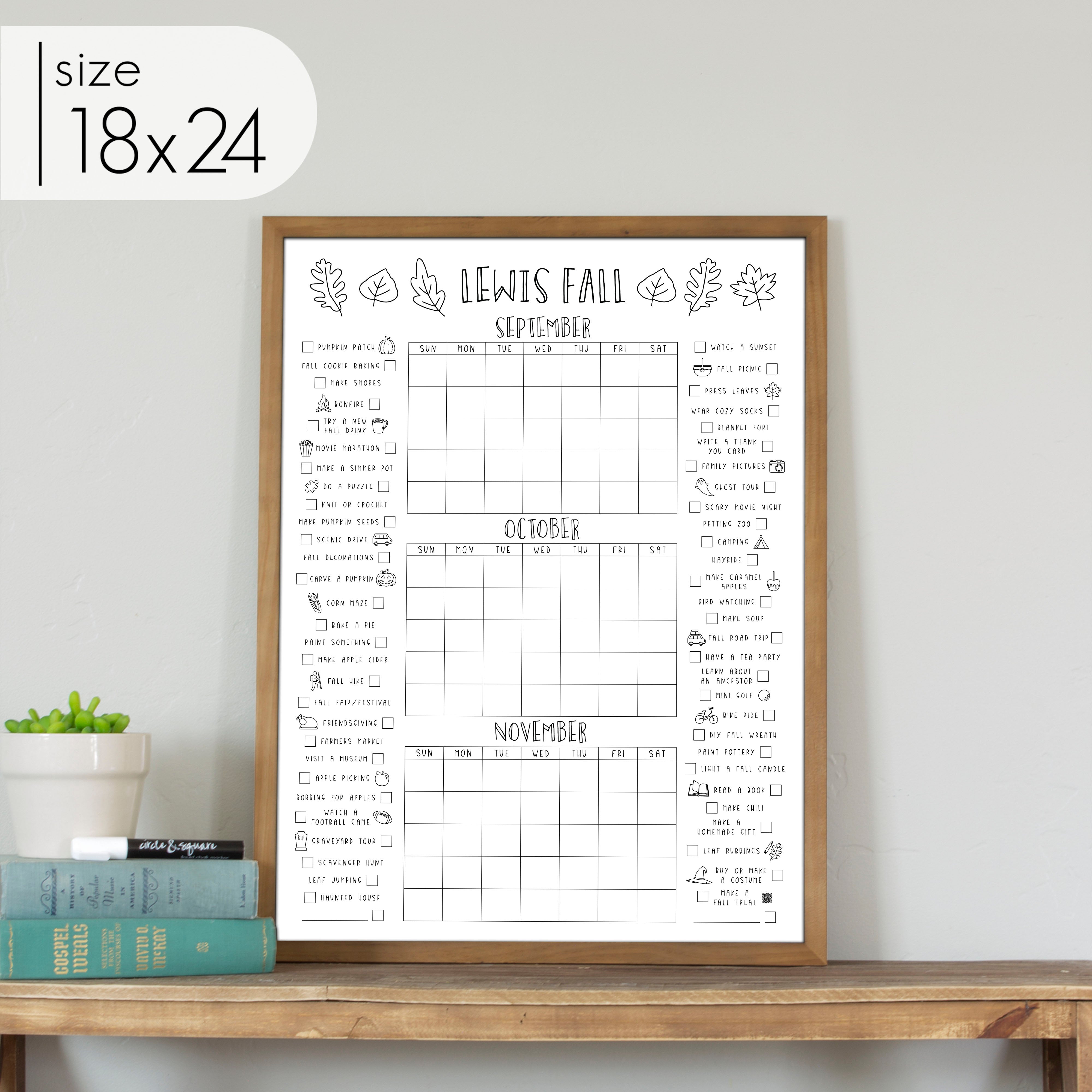 Framed Personalized 3 Month Fall Bucket List Calendar | Vertical Leaf