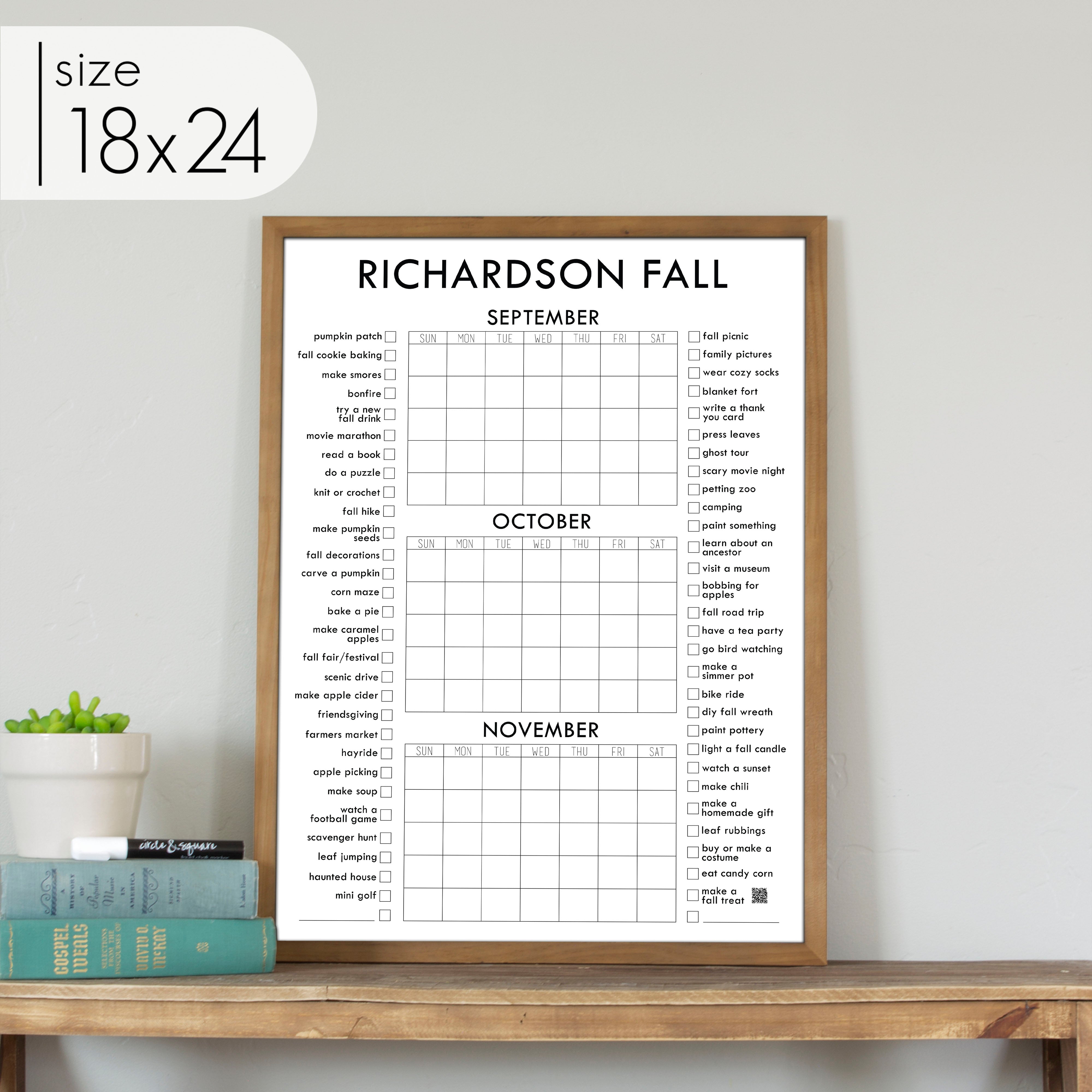 Framed 3 Month Fall Bucket List Calendar | Vertical Madi